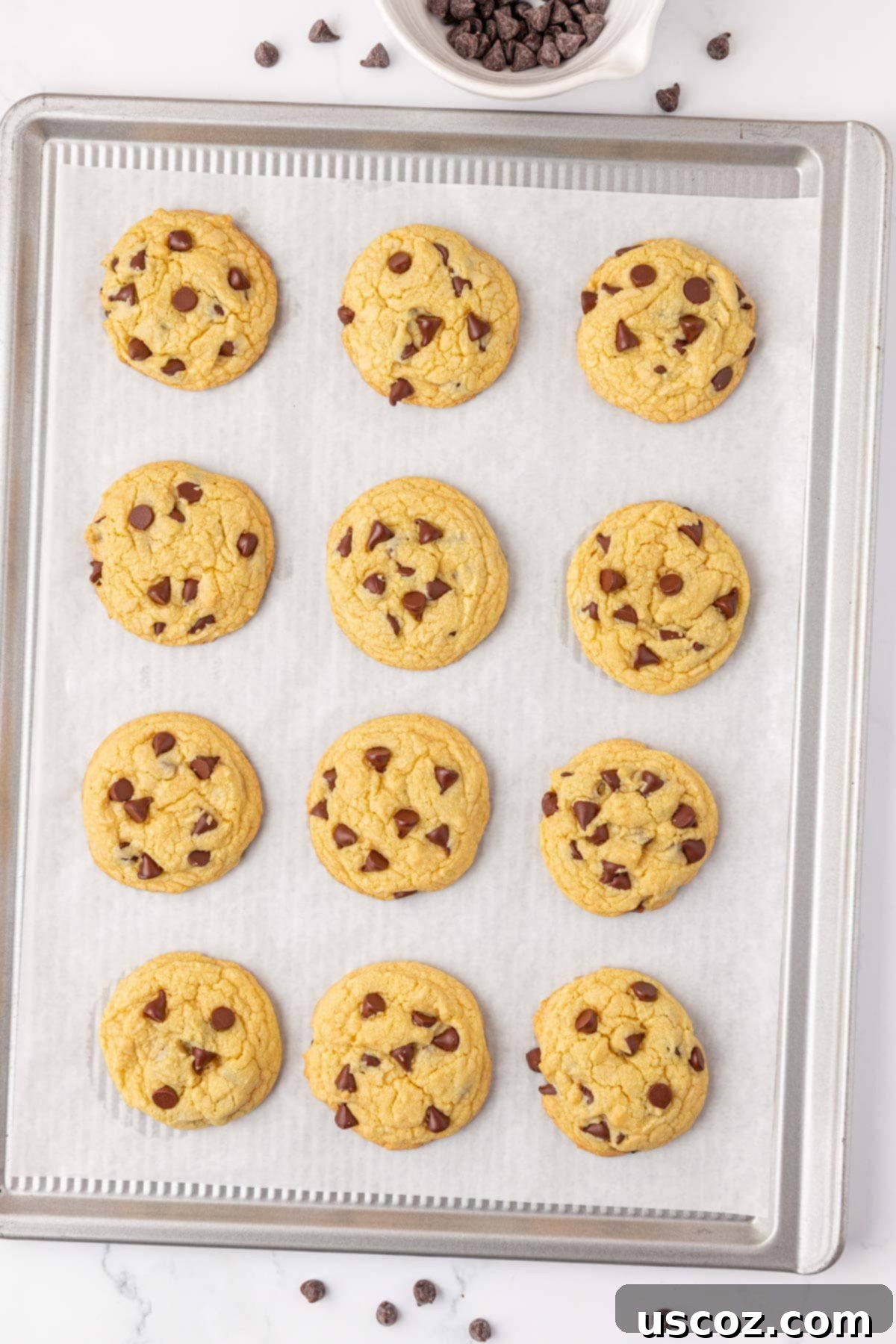 Shortcut Chocolate Chip Cookies 11 Freshly baked cake mix chocolate chip cookies on a baking sheet, golden and delicious.