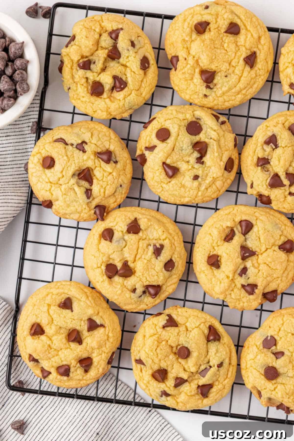 Shortcut Chocolate Chip Cookies 12 Warm cake mix chocolate chip cookies cooling on a wire rack.