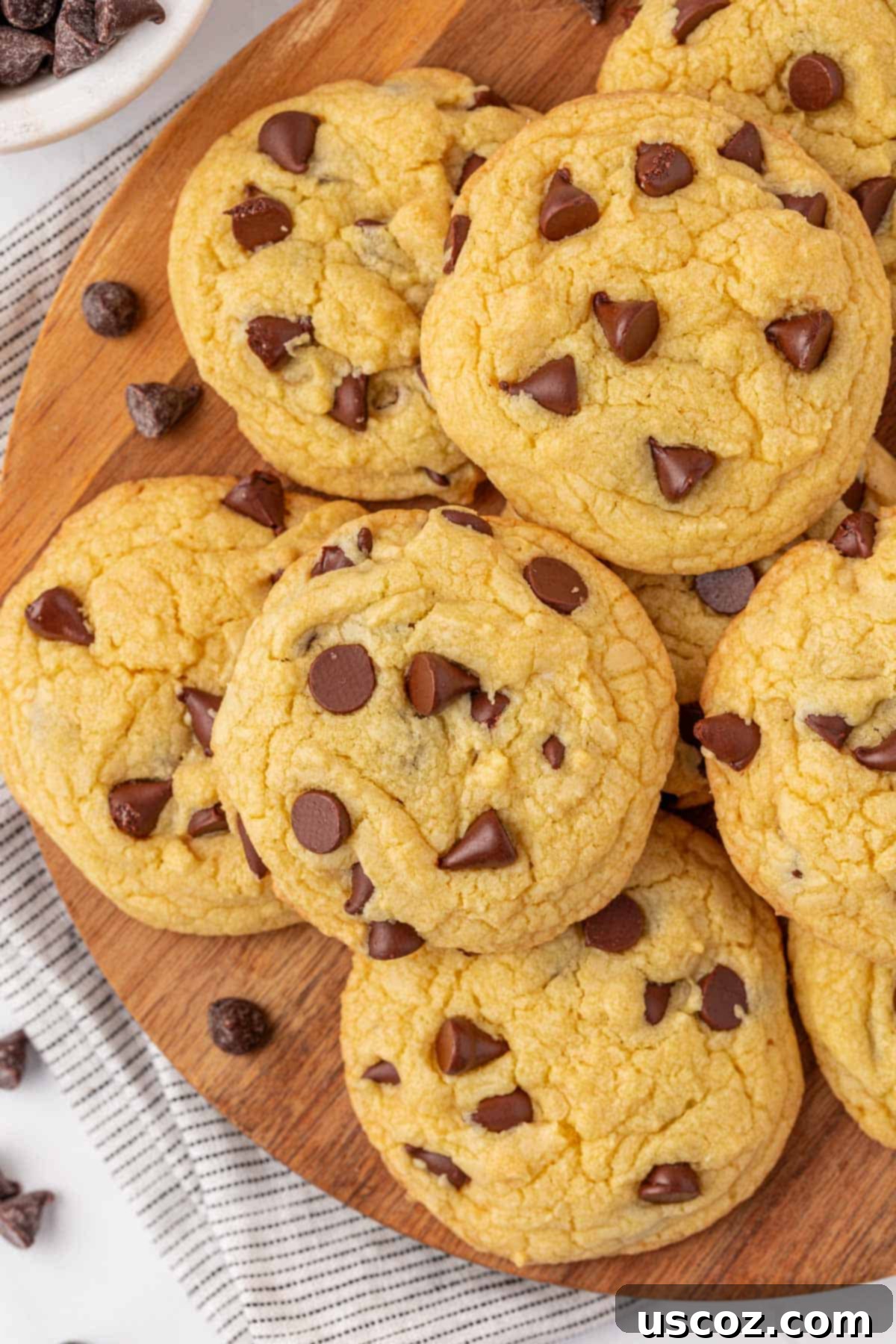 Shortcut Chocolate Chip Cookies 16 A tempting display of cake mix chocolate chip cookies, stacked and ready to eat.
