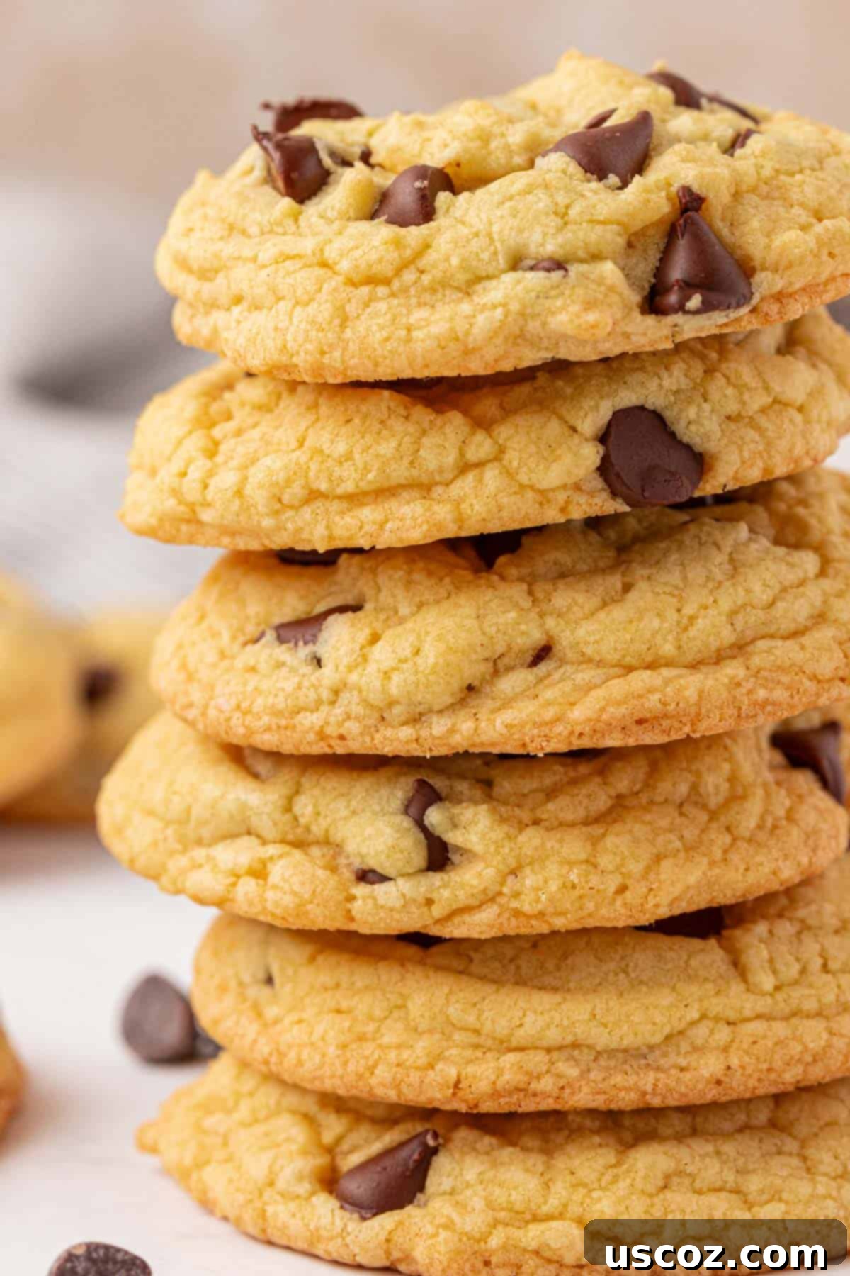 Shortcut Chocolate Chip Cookies 17 A tall stack of golden brown cake mix chocolate chip cookies, demonstrating their perfect texture.