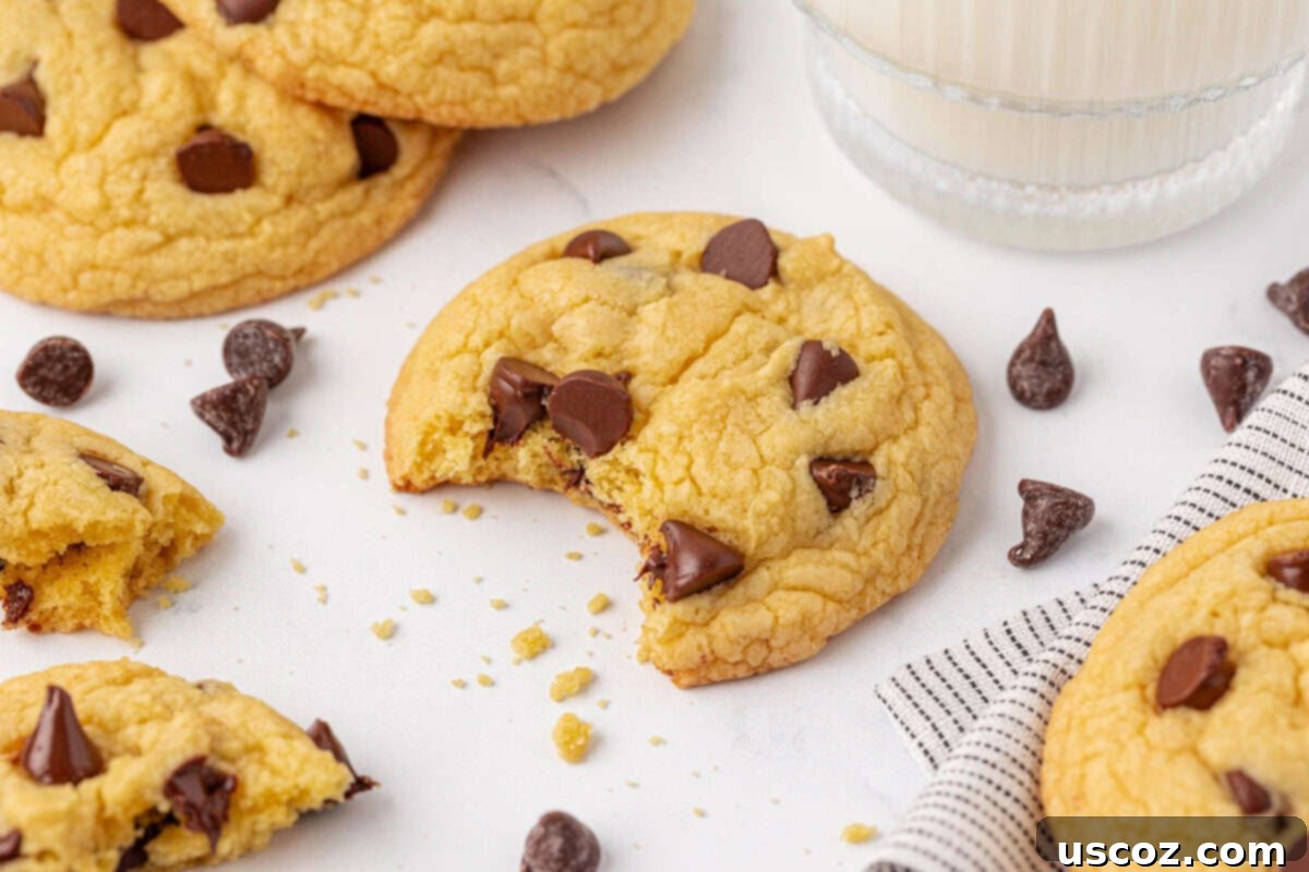 Shortcut Chocolate Chip Cookies 18 A close-up of a cake mix chocolate chip cookie with a bite taken out, revealing its soft, chewy interior.