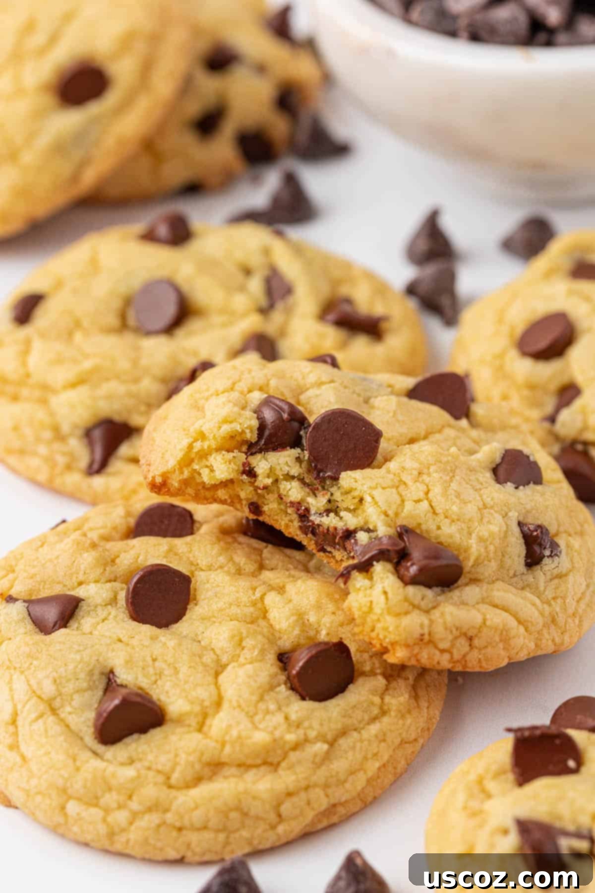 Shortcut Chocolate Chip Cookies 3 Close-up of baked cake mix chocolate chip cookies, showcasing their golden brown edges and melted chocolate.