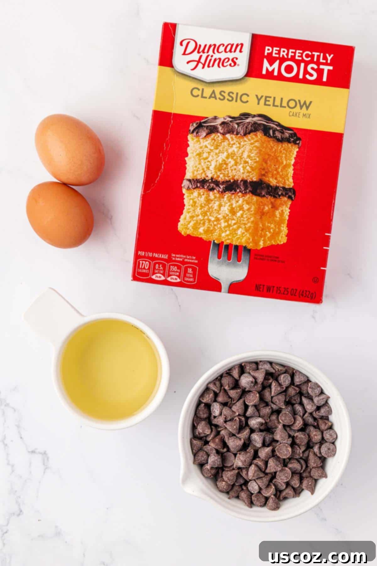 Shortcut Chocolate Chip Cookies 4 Four simple ingredients for cake mix chocolate chip cookies: yellow cake mix box, eggs, olive oil, and chocolate chips.