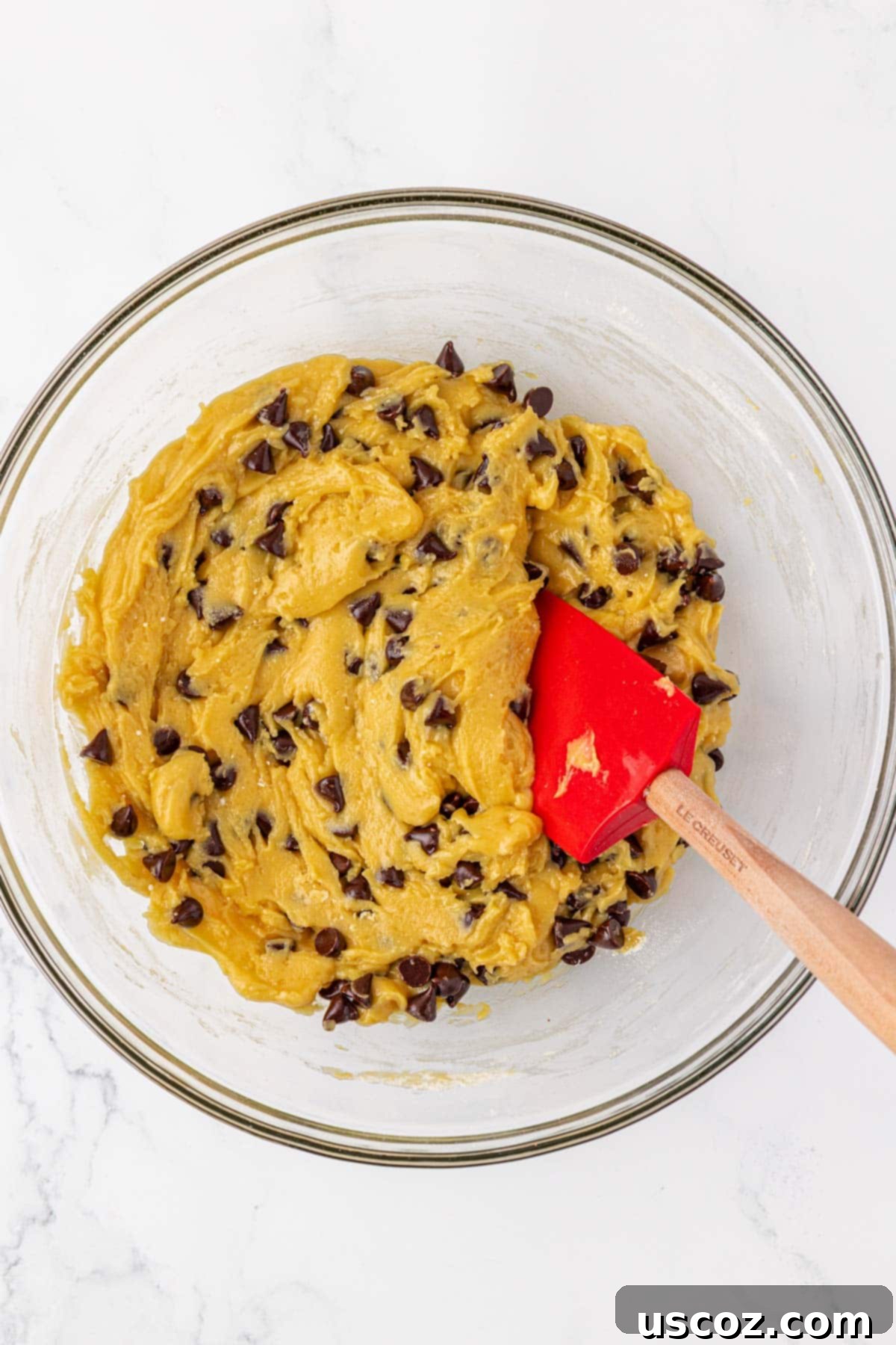 Shortcut Chocolate Chip Cookies 8 Fully mixed cake mix chocolate chip cookie dough, ready for scooping.