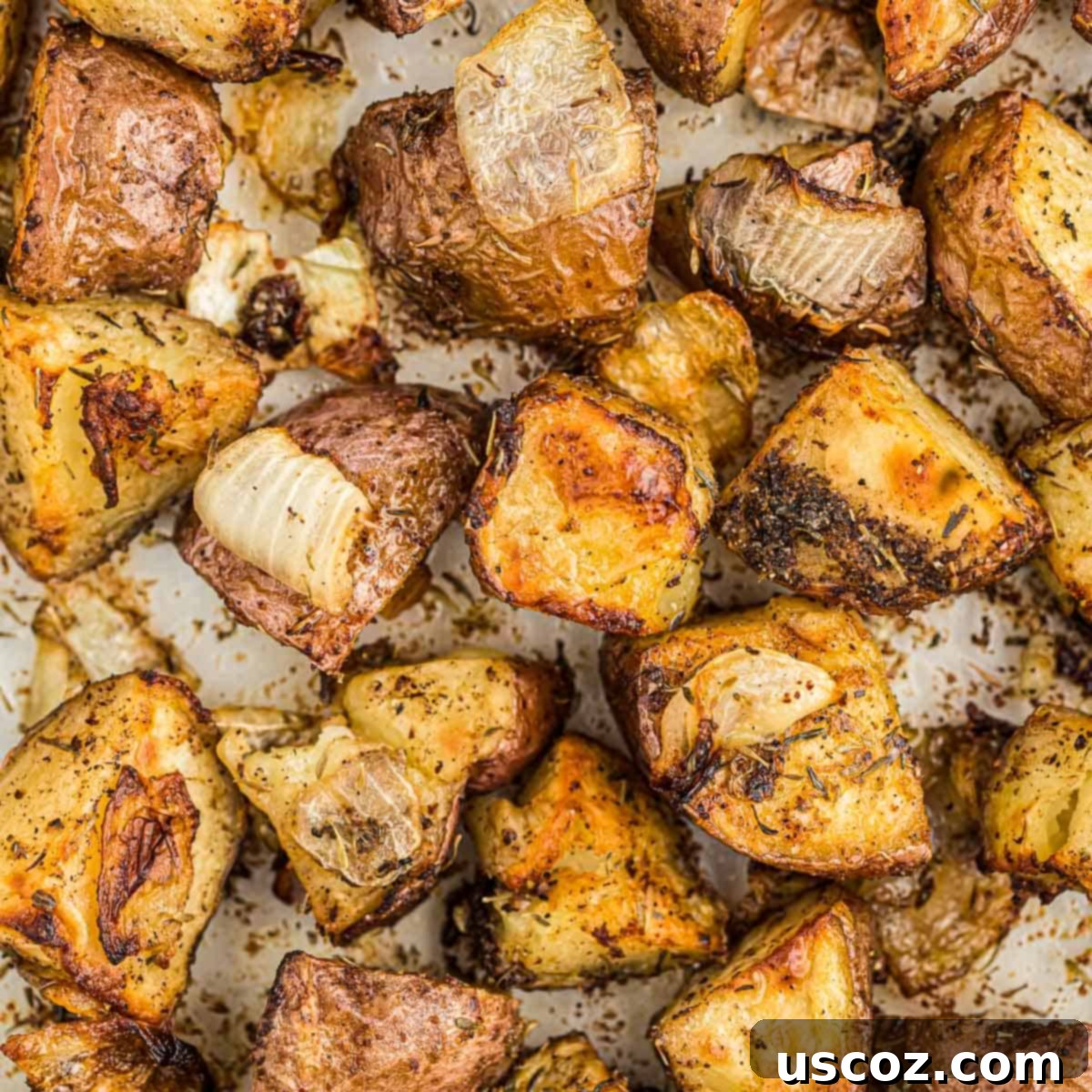 Caramelized Onion and Potato Medley 13 A bowl of easy roasted potatoes with onions, garnished and ready to serve.