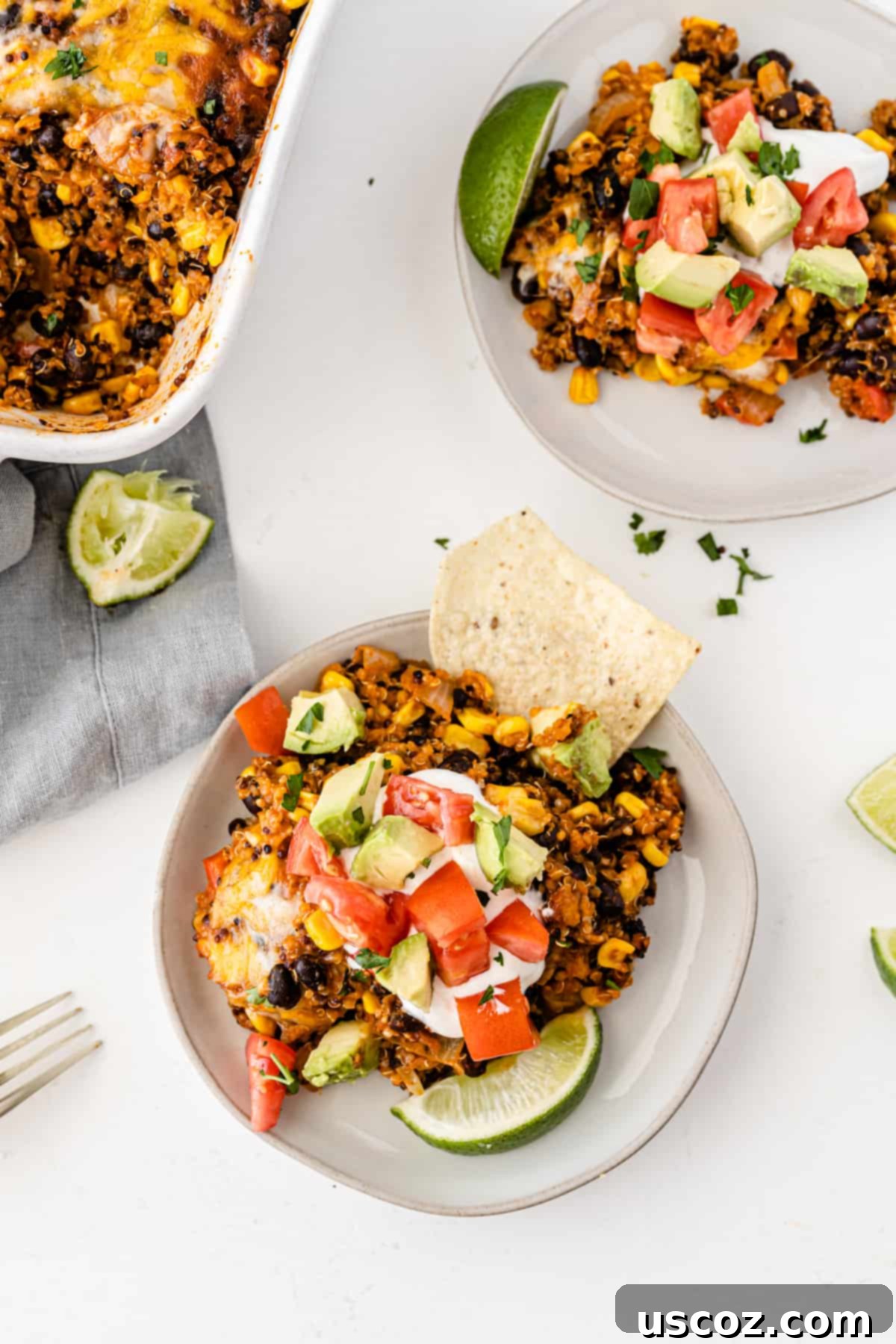 Wholesome Quinoa Enchilada Bake 2 A vibrant Mexican quinoa enchilada casserole on a white plate, elegantly topped with creamy sour cream, fresh diced tomatoes, ripe avocado slices, and a zesty lime wedge, showcasing a perfect healthy dinner.