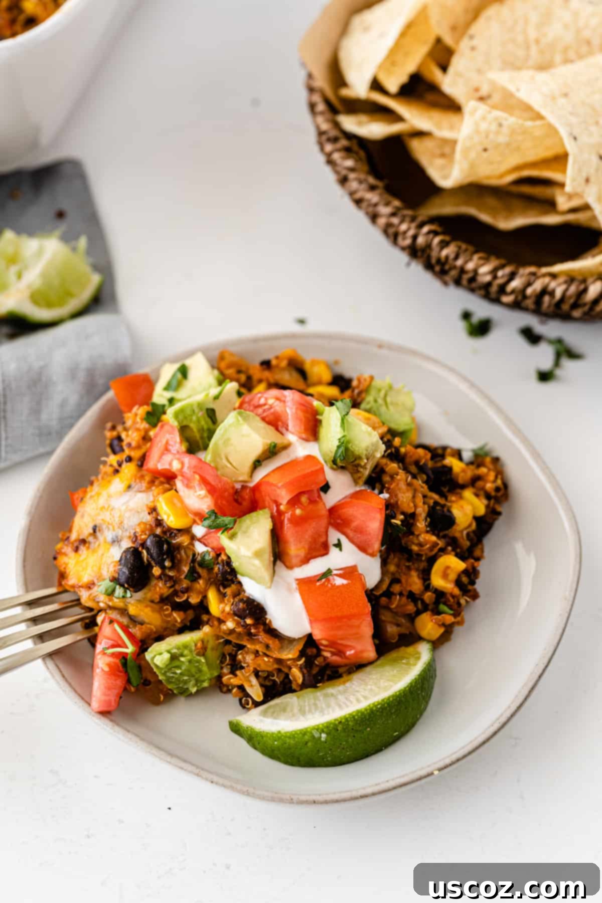 Wholesome Quinoa Enchilada Bake 12 A final presentation of the quinoa enchilada casserole on a white plate, elegantly topped with cool sour cream, diced tomato, fresh avocado, and a bright lime slice, showcasing its inviting appeal.