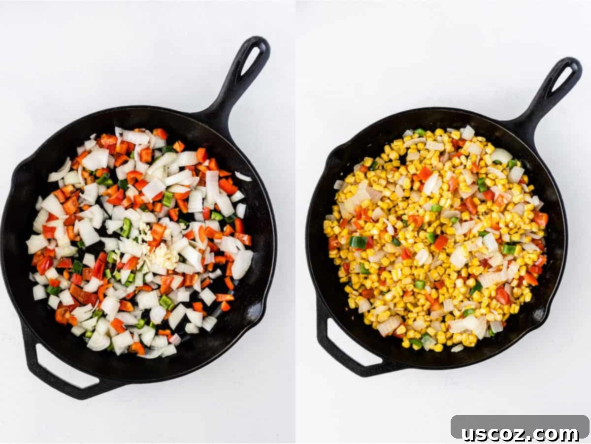 Wholesome Quinoa Enchilada Bake 5 A two-part image collage showing the initial sautéing of bell pepper and onion in a cast iron skillet, followed by the addition of frozen corn, illustrating key cooking steps.