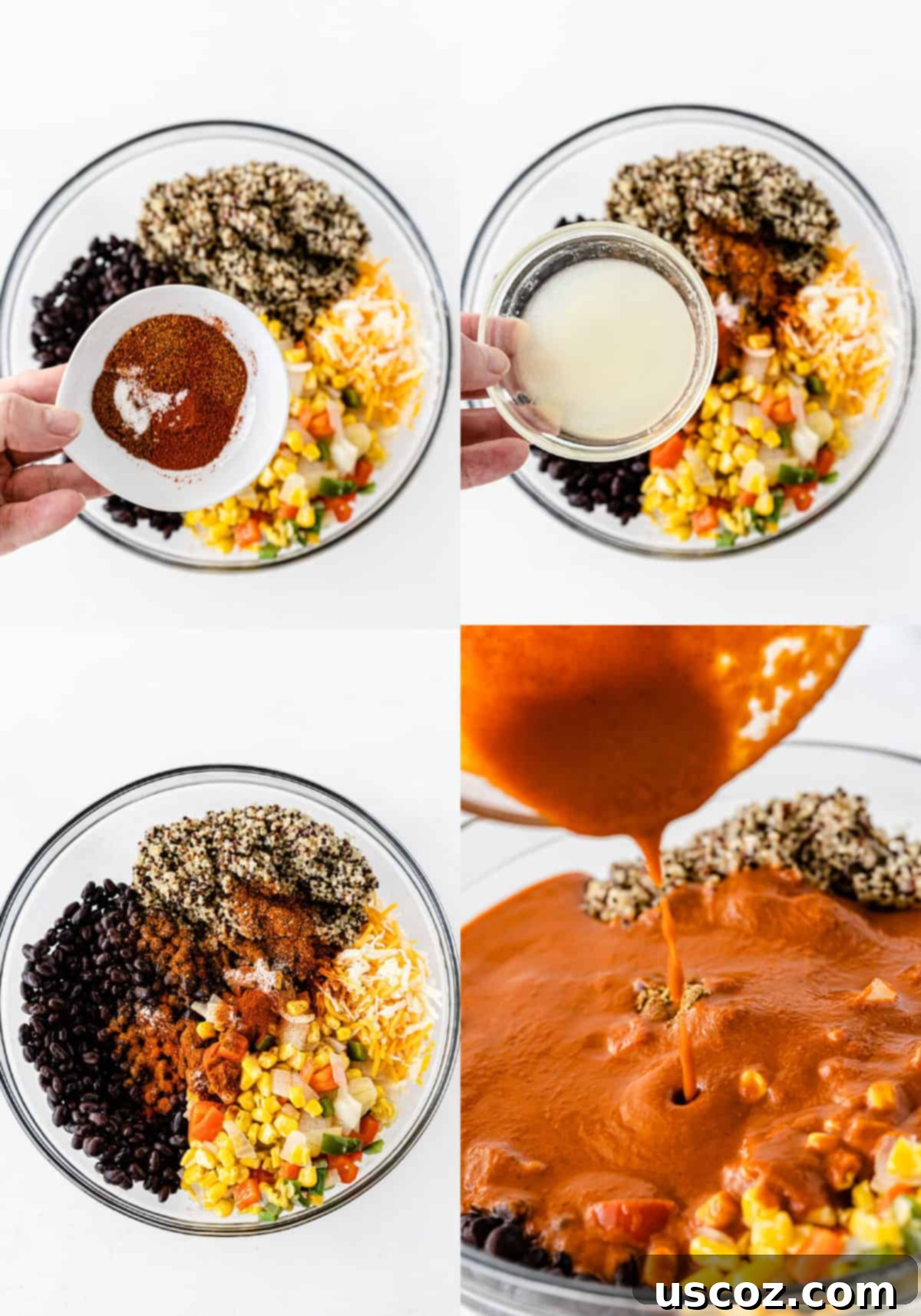 Wholesome Quinoa Enchilada Bake 6 A series of process shots depicting the addition of aromatic spices, fresh lime juice, and rich enchilada sauce to the quinoa casserole filling, illustrating the layering of flavors.