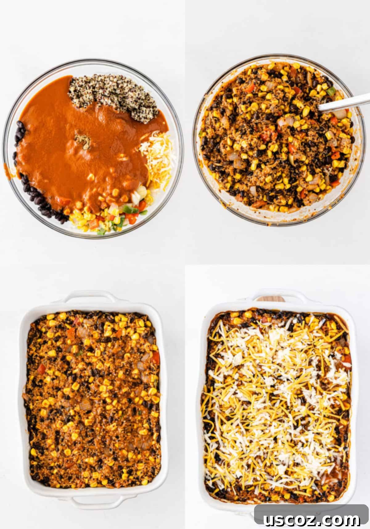 Wholesome Quinoa Enchilada Bake 7 A visual collage illustrating the assembly of the enchilada casserole: cooked ingredients mixed together in a large bowl, then transferred to a baking dish, and finally topped with generous amounts of Mexican cheese before baking.