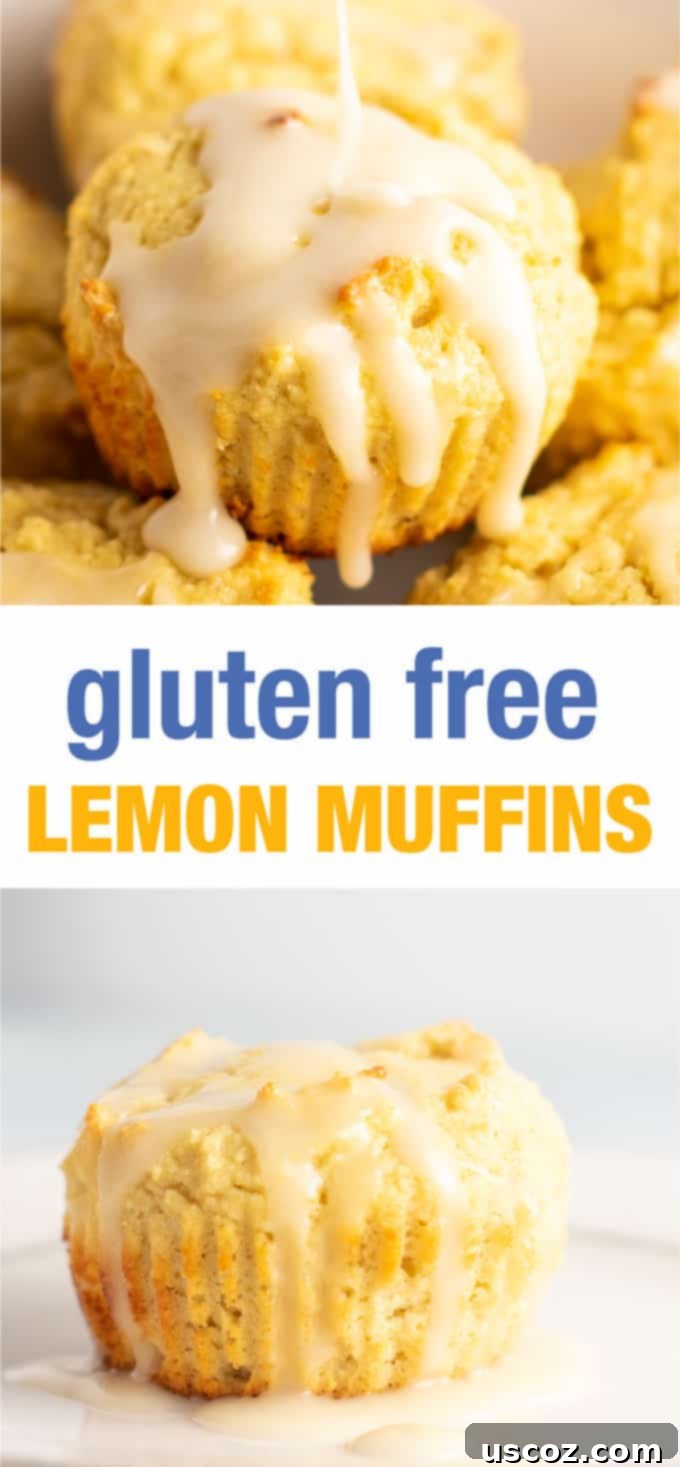 Zesty Gluten Free Lemon Muffins 9 Pinterest graphic for Gluten-Free Lemon Muffins, showing a stack of glazed muffins. #glutenfree #lemonmuffins #breakfast