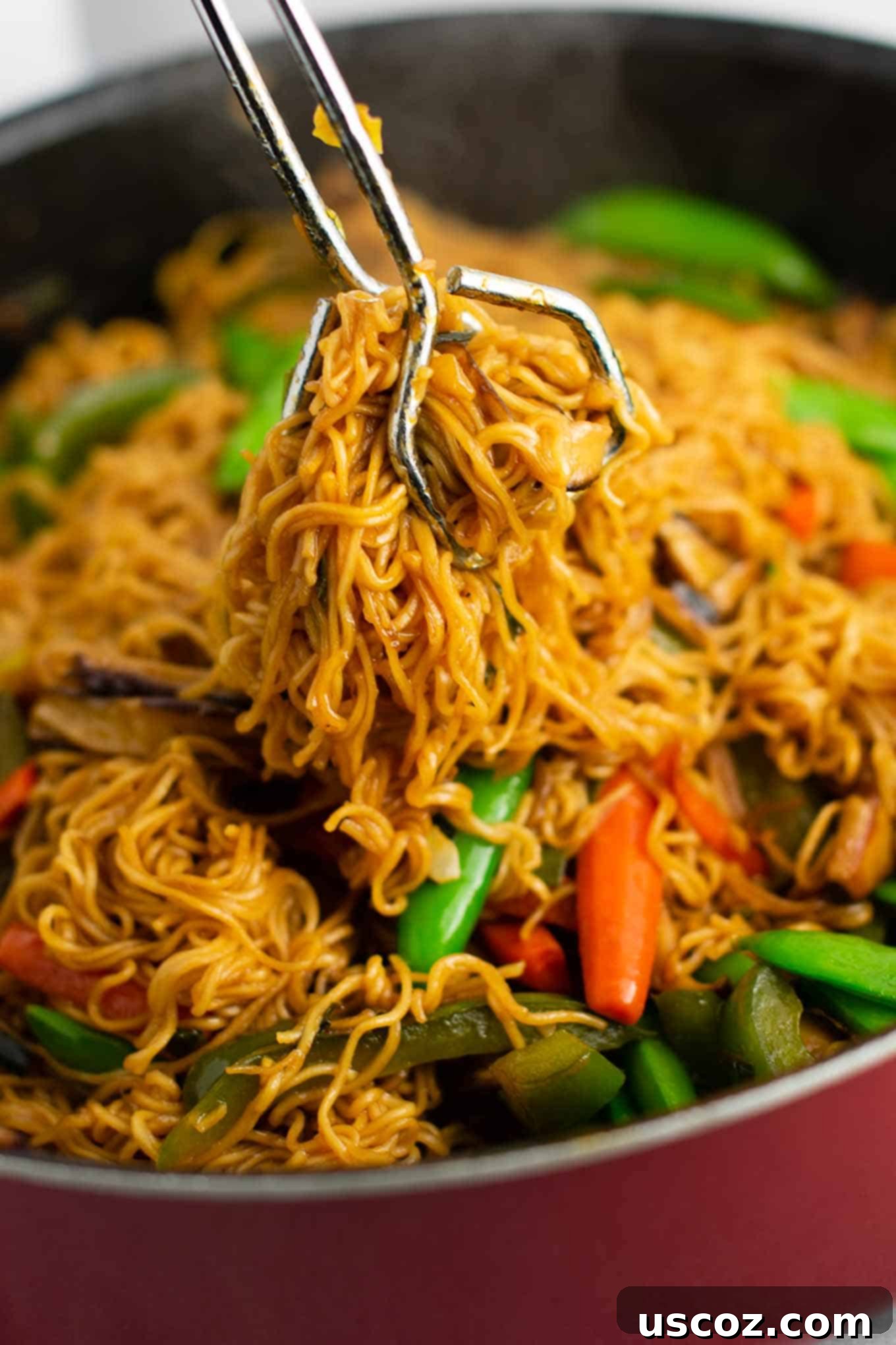 Sizzling Ramen Stir-Fry 12 Close-up view of ramen noodles in a colorful stir fry