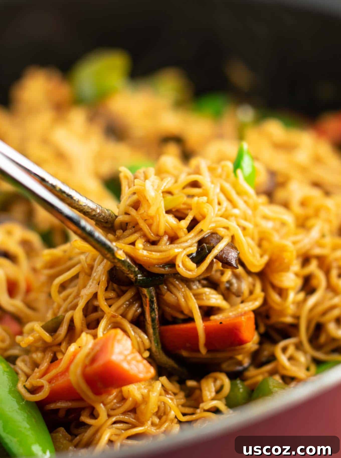 Sizzling Ramen Stir-Fry 3 Colorful vegetable stir fry noodles recipe in a skillet