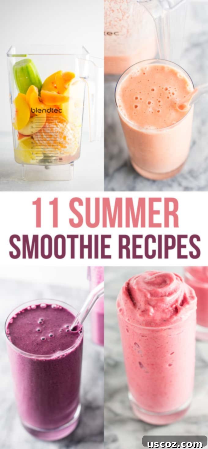 Sip into Summer: 11 Refreshing Smoothie Recipes 5 Promotional graphic with text "11 Summer Smoothie Recipes" and a playful design.