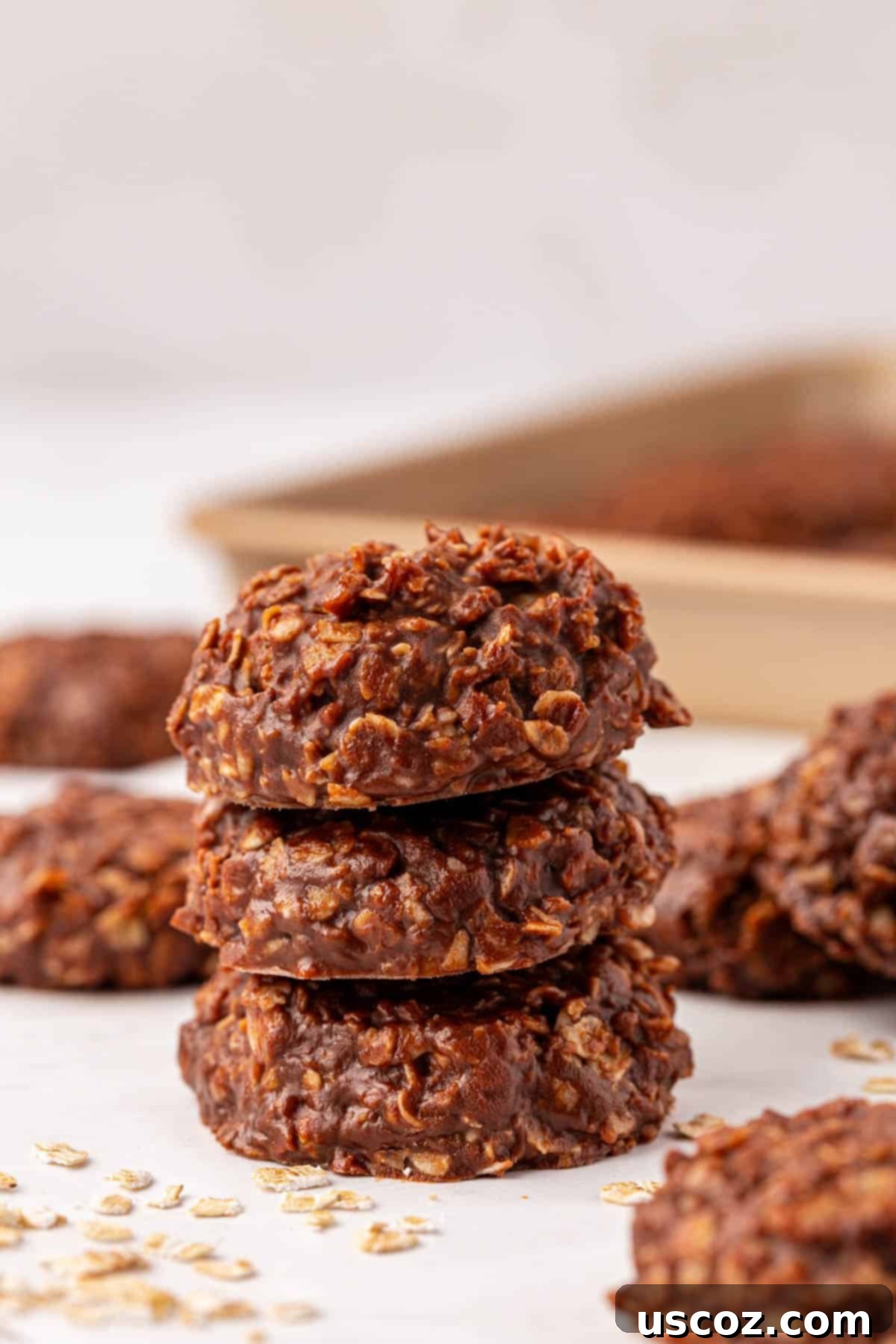 Wholesome No Bake Delights 2 Stack of healthy no-bake chocolate peanut butter cookies with oats