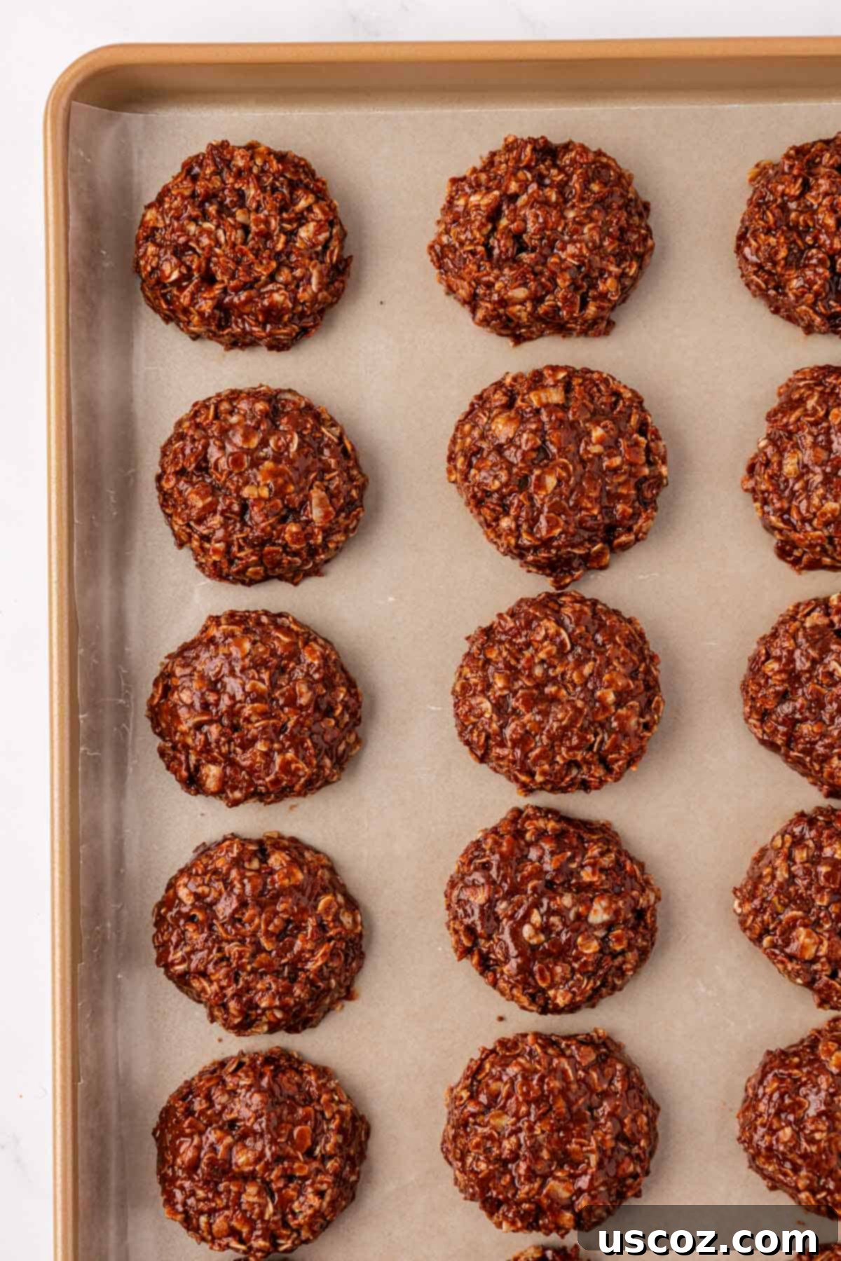 Wholesome No Bake Delights 14 Rows of scooped healthy no-bake cookies on a wax paper lined baking sheet