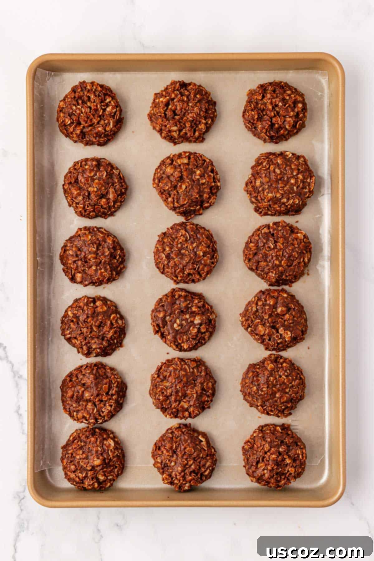 Wholesome No Bake Delights 16 Healthy no-bake chocolate peanut butter cookies arranged on a white baking sheet