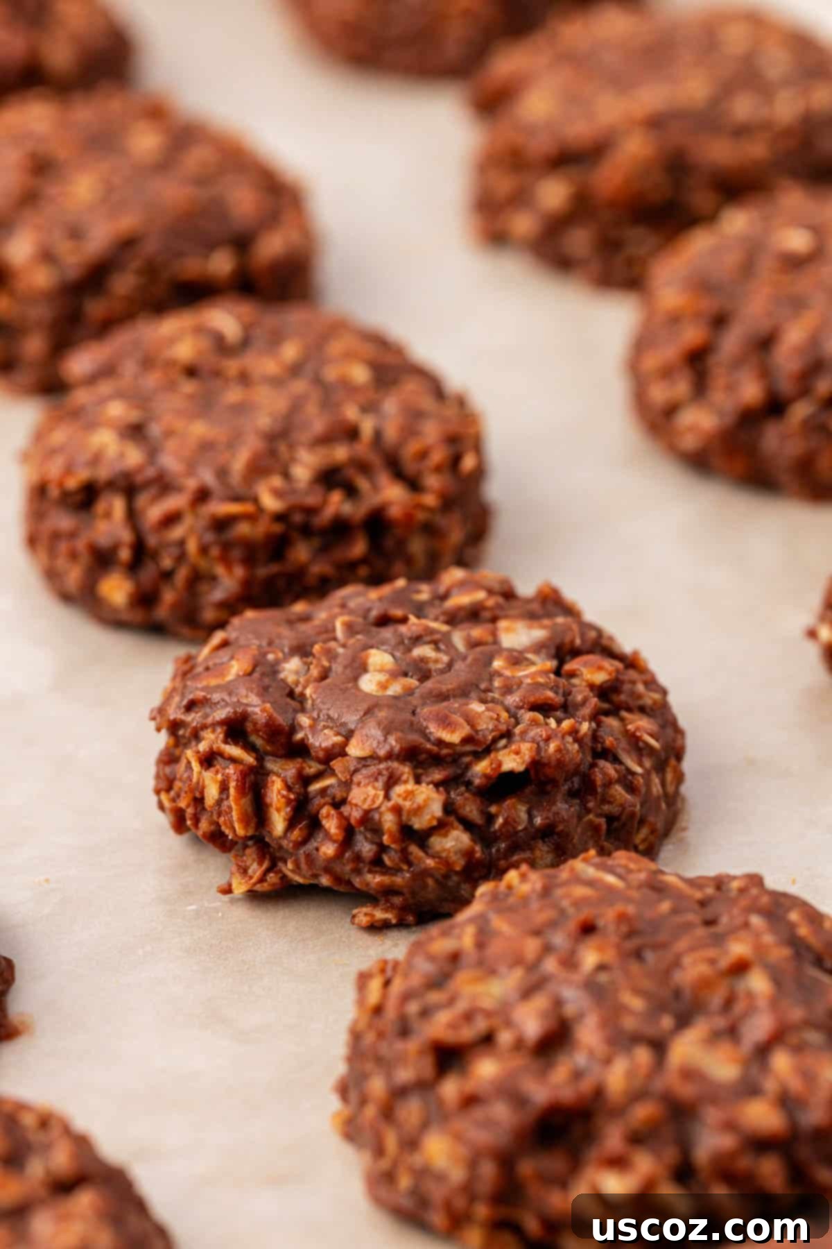 Wholesome No Bake Delights 17 Freshly made healthy no-bake chocolate peanut butter cookies chilling on a baking sheet