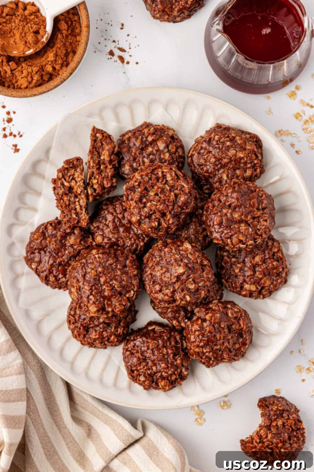 Wholesome No Bake Delights 18 A plate of freshly made healthy no-bake chocolate peanut butter cookies