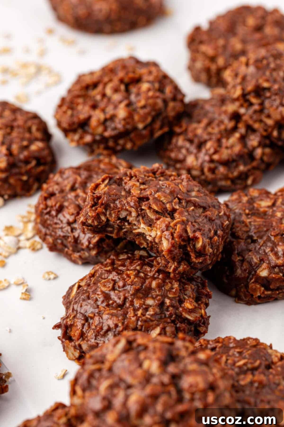 Wholesome No Bake Delights 19 Healthy no-bake chocolate peanut butter cookies on a rustic wooden surface