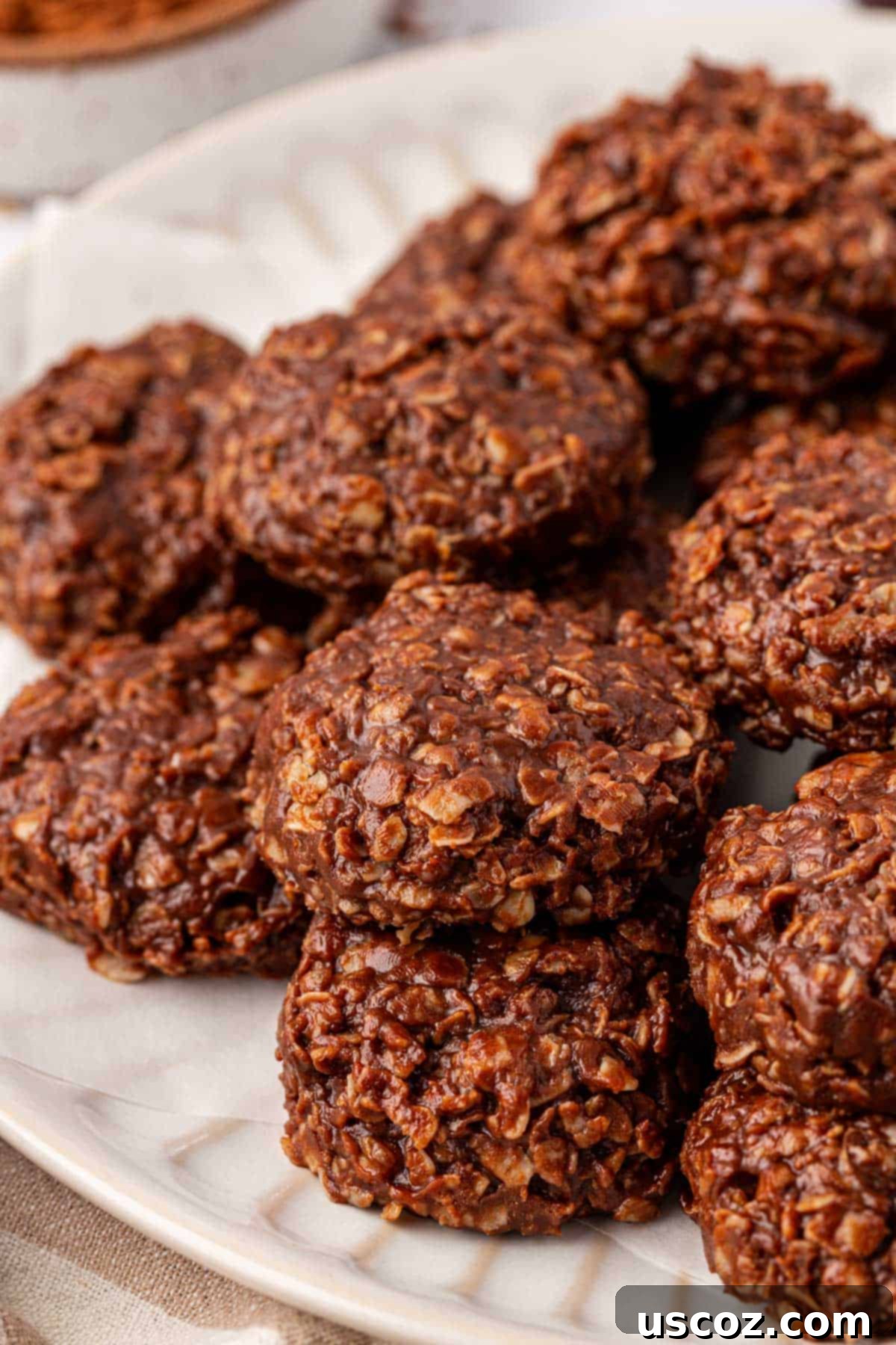 Wholesome No Bake Delights 3 Close-up of healthy no-bake chocolate peanut butter cookies on a serving plate