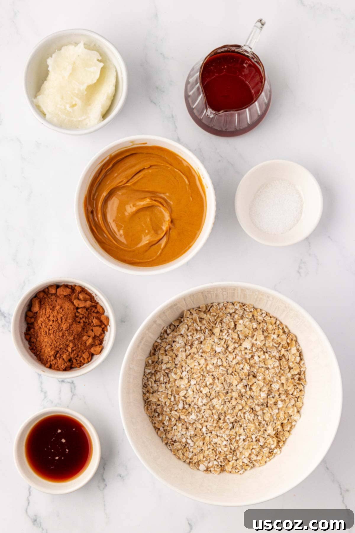 Wholesome No Bake Delights 4 Arrangement of ingredients for healthy no-bake cookies: peanut butter, maple syrup, cacao powder, coconut oil, vanilla extract, salt, and quick oats.