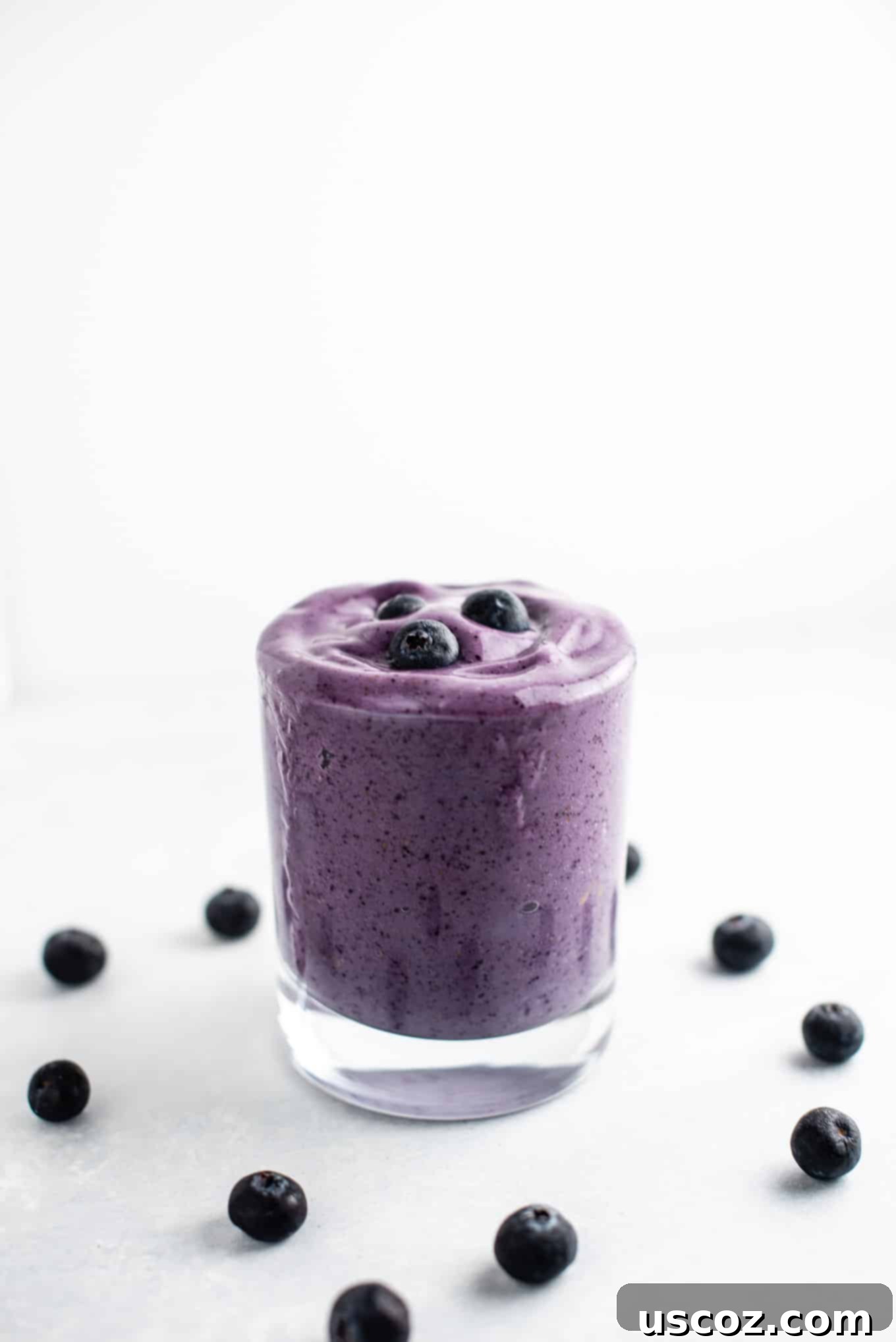 Blueberry Banana Bliss Smoothie 3 A close-up of a blueberry and banana smoothie served in a clear glass, highlighting its smooth, creamy texture.