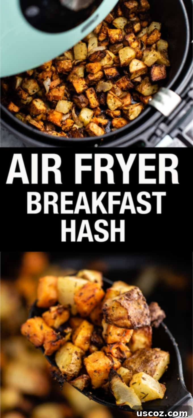 Crispy Air Fryer Breakfast Potatoes 10 Pinterest graphic with text "Air Fryer Breakfast Hash" and an image of crispy potatoes