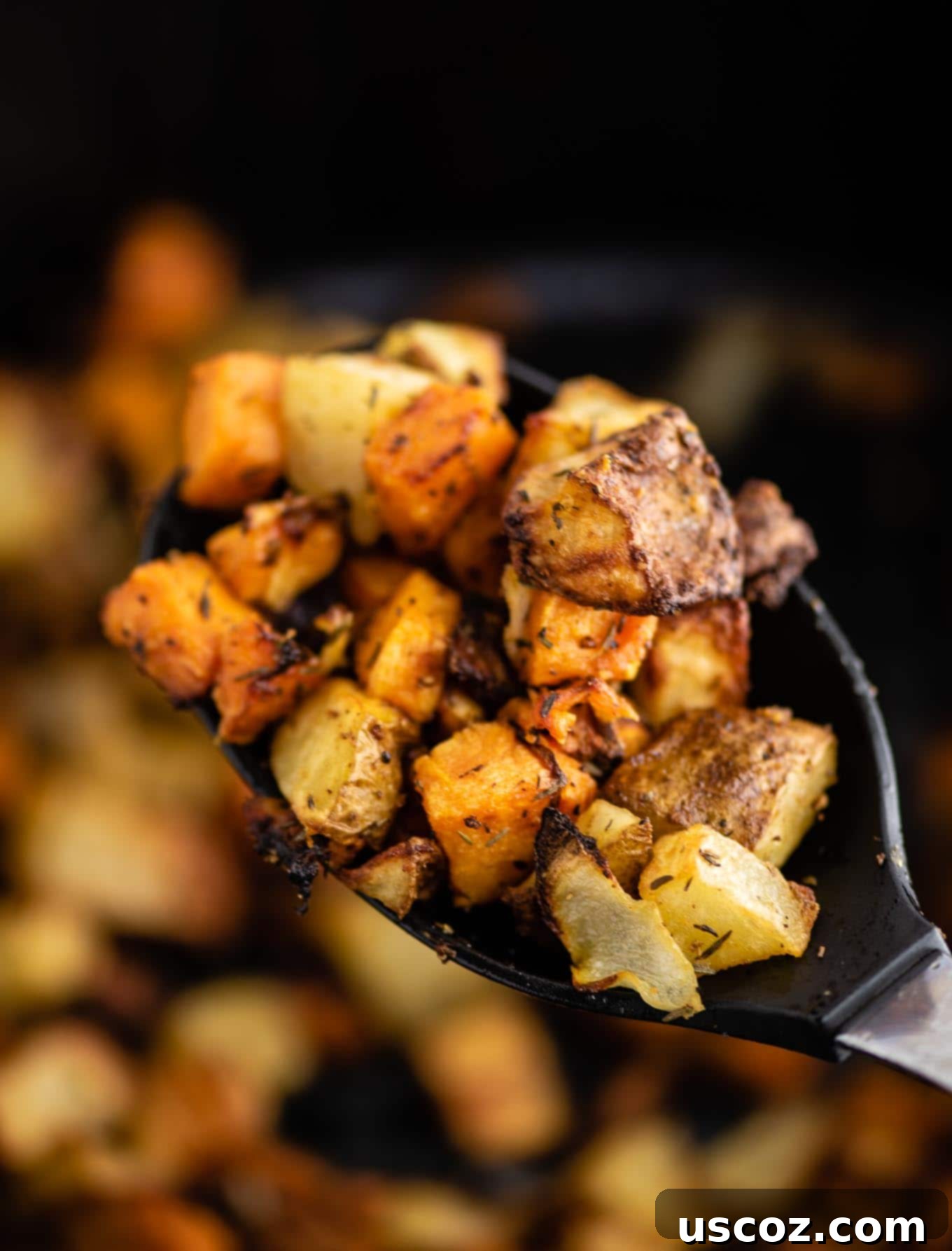 Crispy Air Fryer Breakfast Potatoes 4 A scoop of freshly air-fried breakfast hash with mixed potatoes and onions on a black spoon