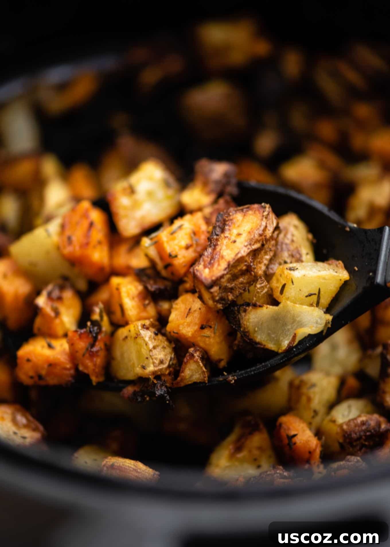 Crispy Air Fryer Breakfast Potatoes 8 Close-up of sweet potatoes, russet potatoes, and onions on a black spoon, showing crispy texture