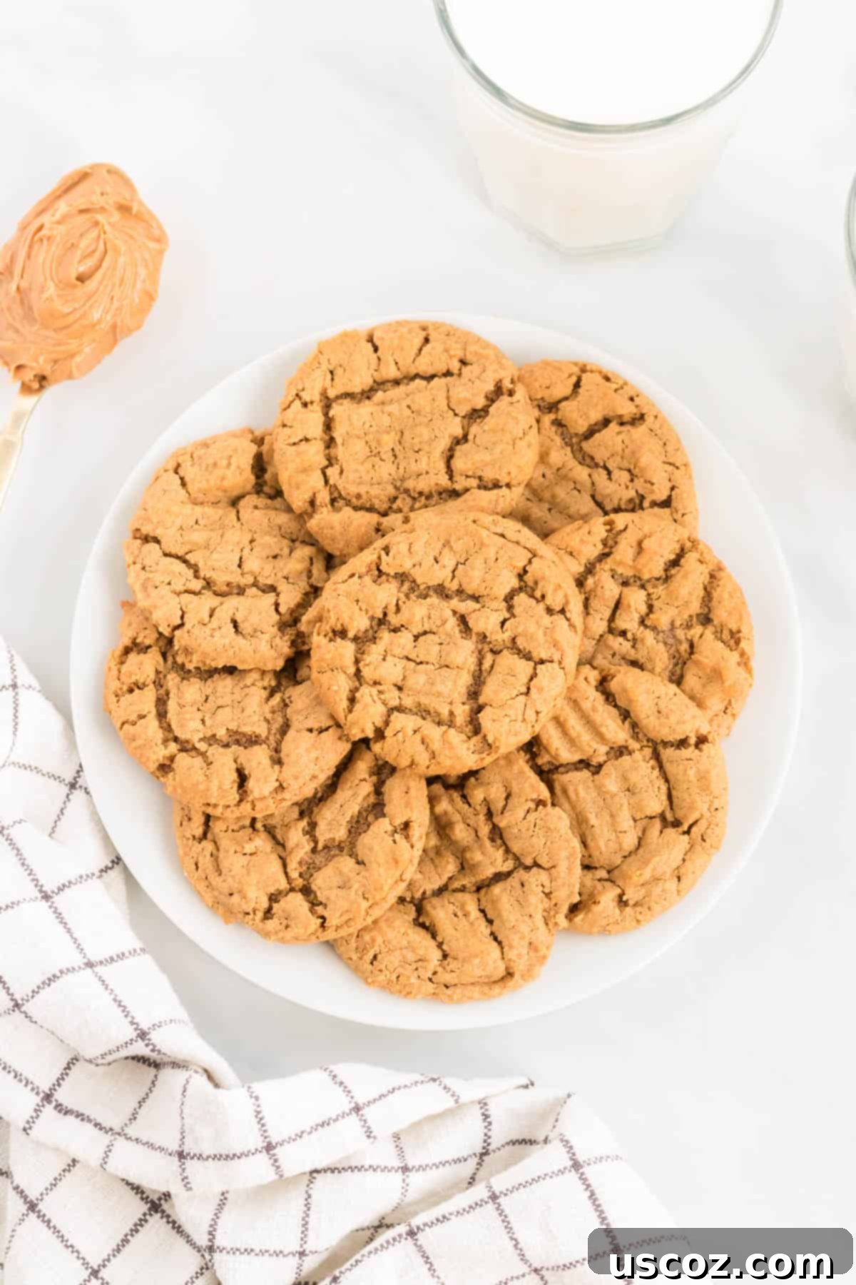 Irresistible Gluten-Free Peanut Butter Cookies 2 A stack of golden brown gluten free peanut butter cookies with a criss-cross pattern, resting on a white plate, ready to be enjoyed.