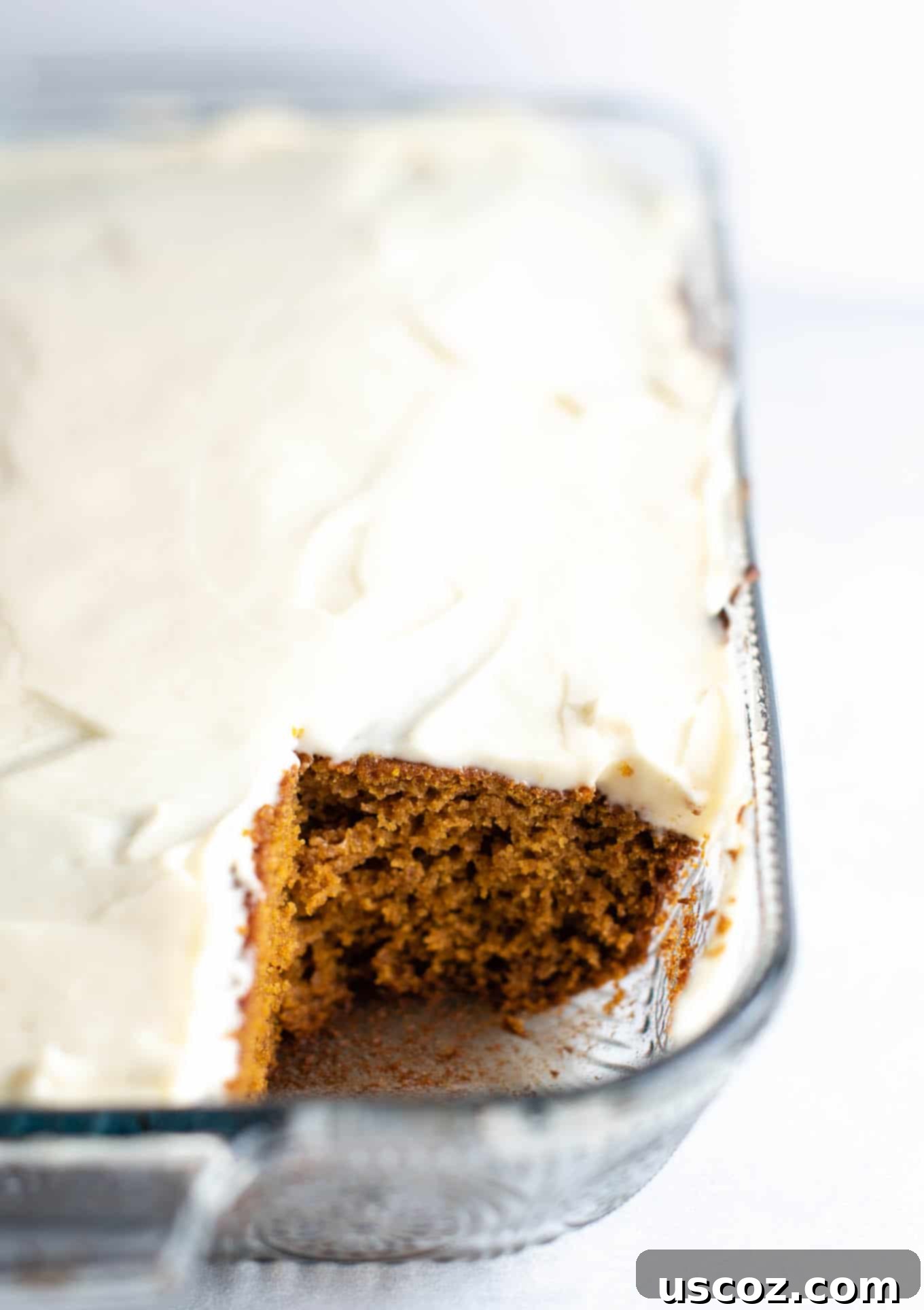 Decadent Pumpkin Cake with Cream Cheese Frosting 6 baked pumpkin cake in the dish, golden brown and inviting