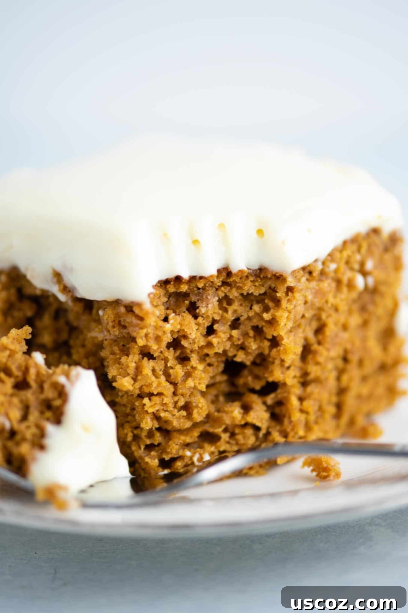 Decadent Pumpkin Cake with Cream Cheese Frosting 9 cake with a bite taken out, showcasing the layers