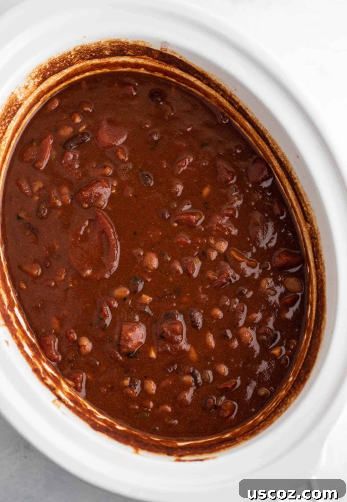 Easy Slow Cooker Vegetarian Chili 5 a crock pot full of chili from an overhead view