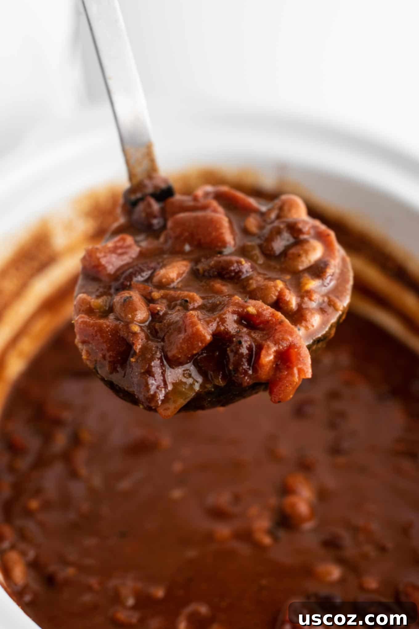 Easy Slow Cooker Vegetarian Chili 8 ladle full of chili