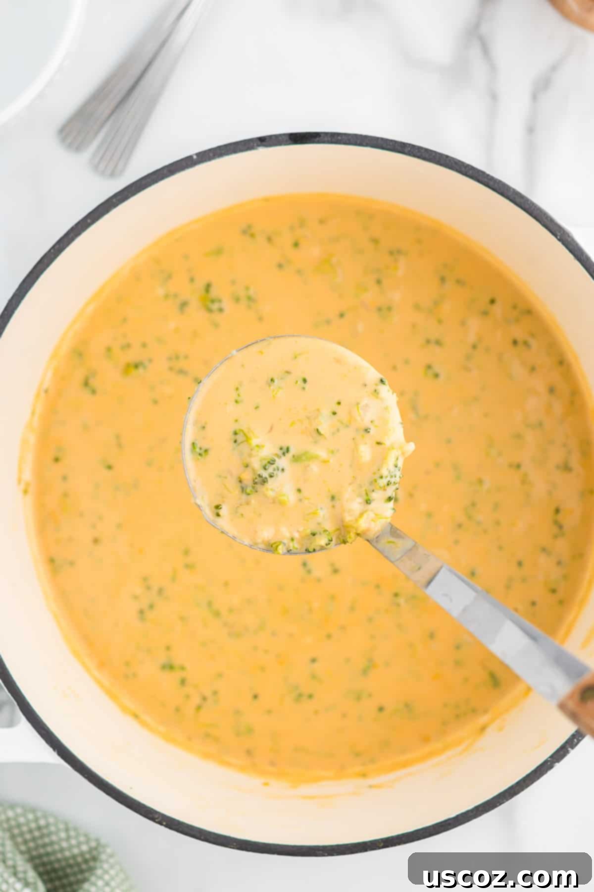 Velvety Broccoli Cheddar Soup 11 ladle full of broccoli cheese soup