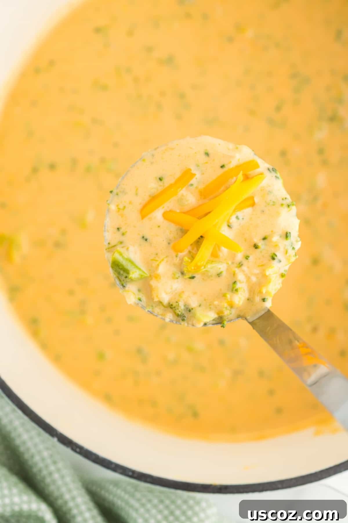 Velvety Broccoli Cheddar Soup 13 ladle full of broccoli cheese soup