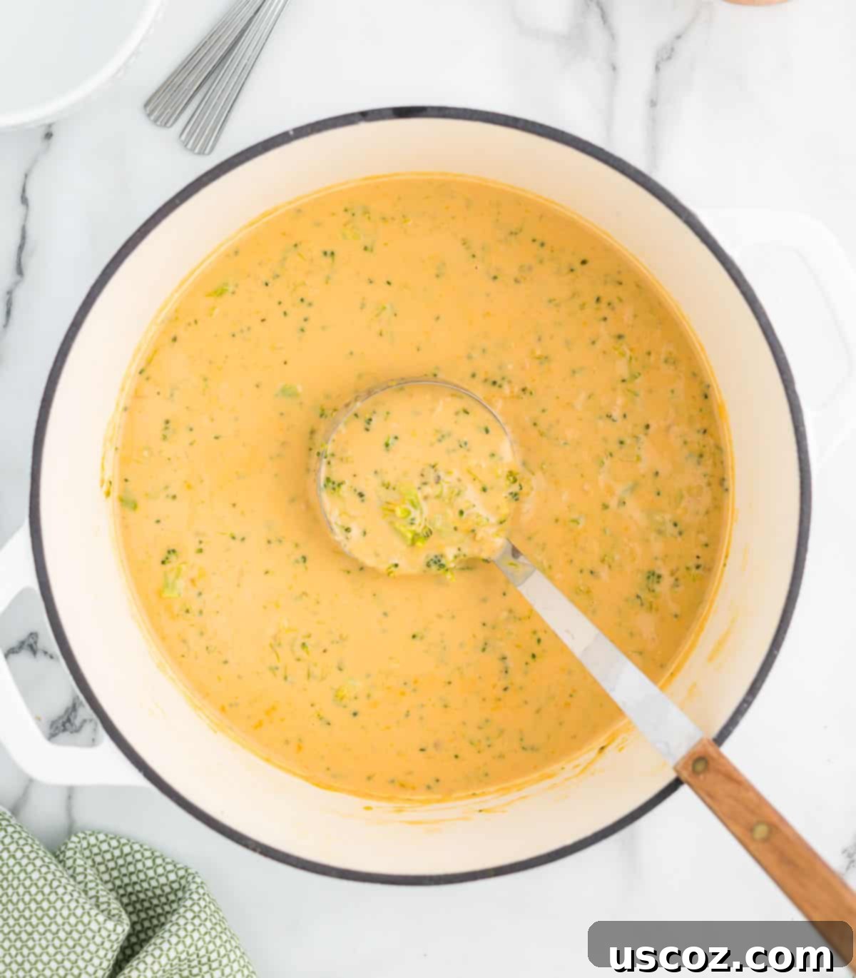 Velvety Broccoli Cheddar Soup 8 broccoli cheese soup with a ladle
