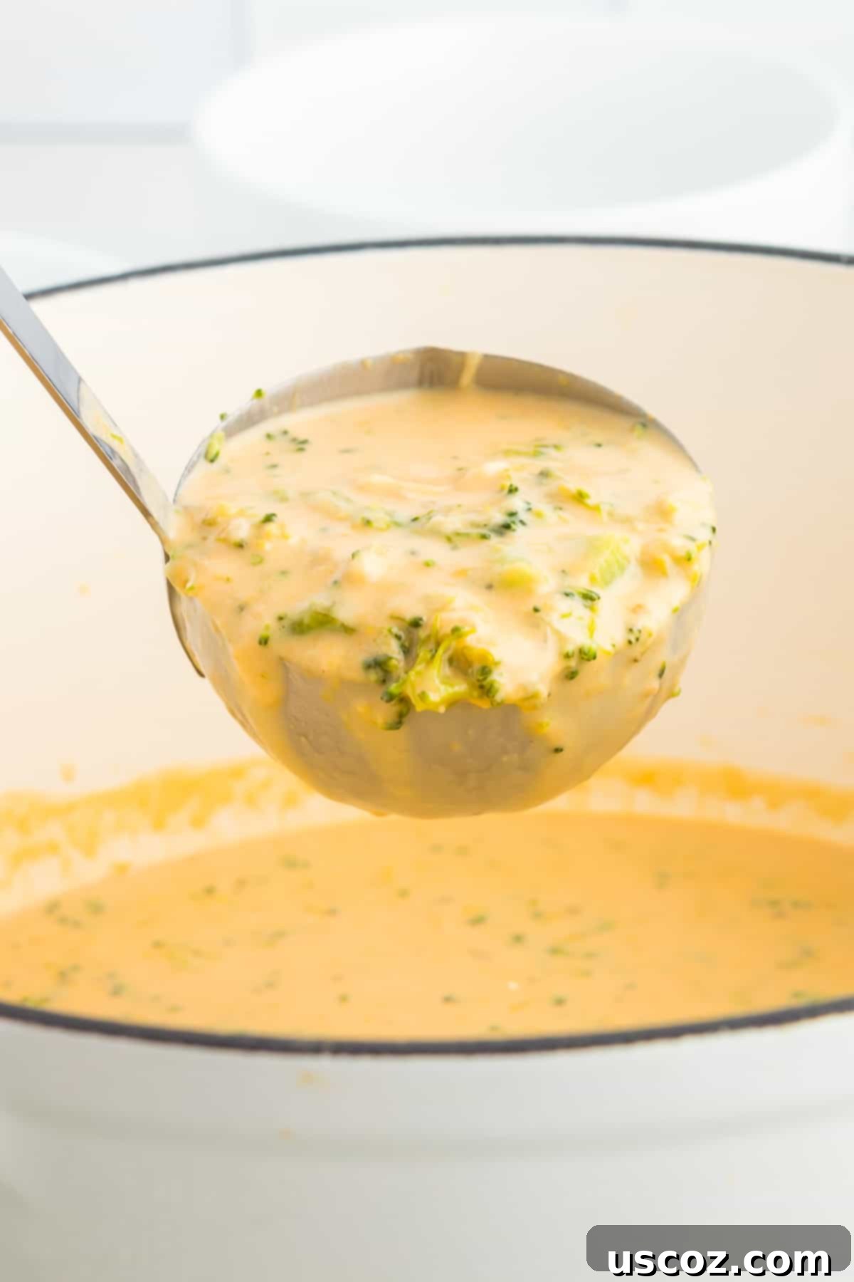 Velvety Broccoli Cheddar Soup 9 ladle full of broccoli cheese soup
