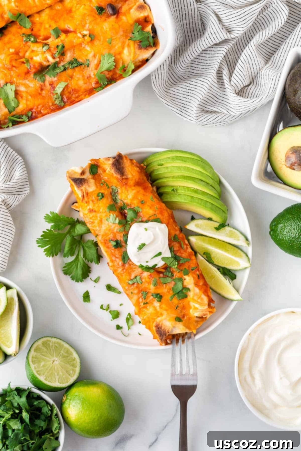 Irresistible Vegetarian Enchiladas 2 veggie enchiladas on a plate topped with sour cream and garnished with lime and avocado