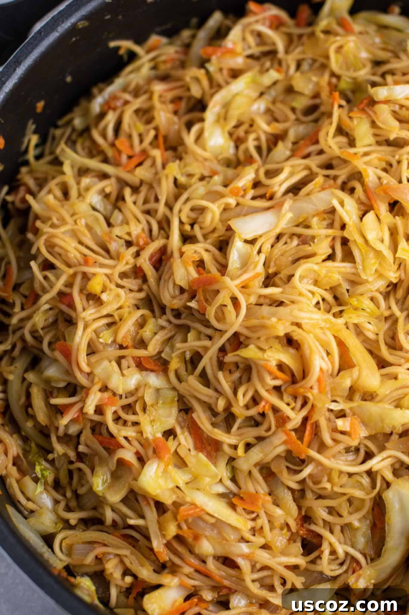 Savory Cabbage Stir Fry 14 stir fried cabbage and noodles in the skillet, close up
