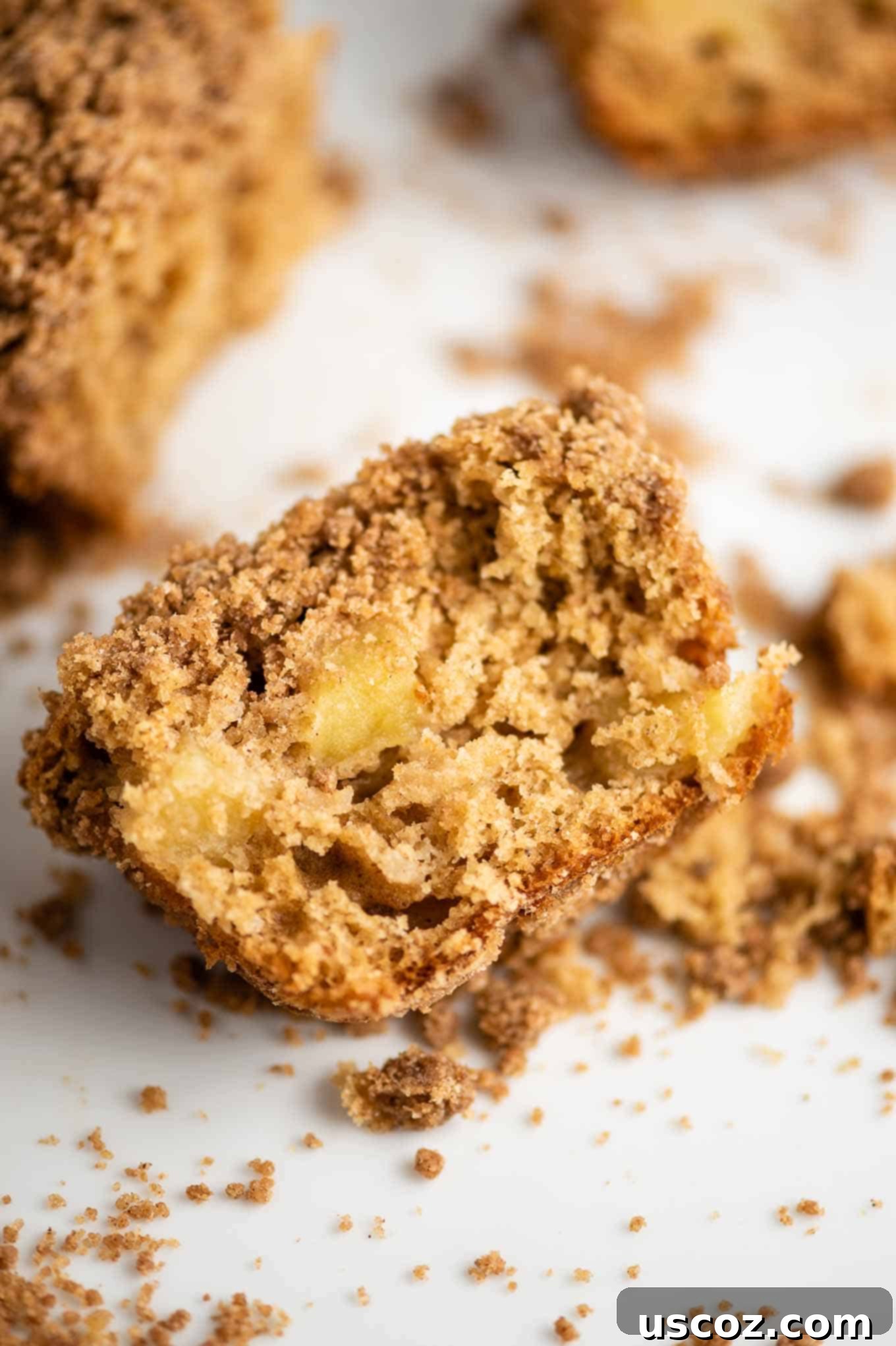 Warm Cinnamon Apple Muffins 3 Close-up of a fall apple muffin cut in half, revealing juicy apple pieces within its moist, spiced crumb