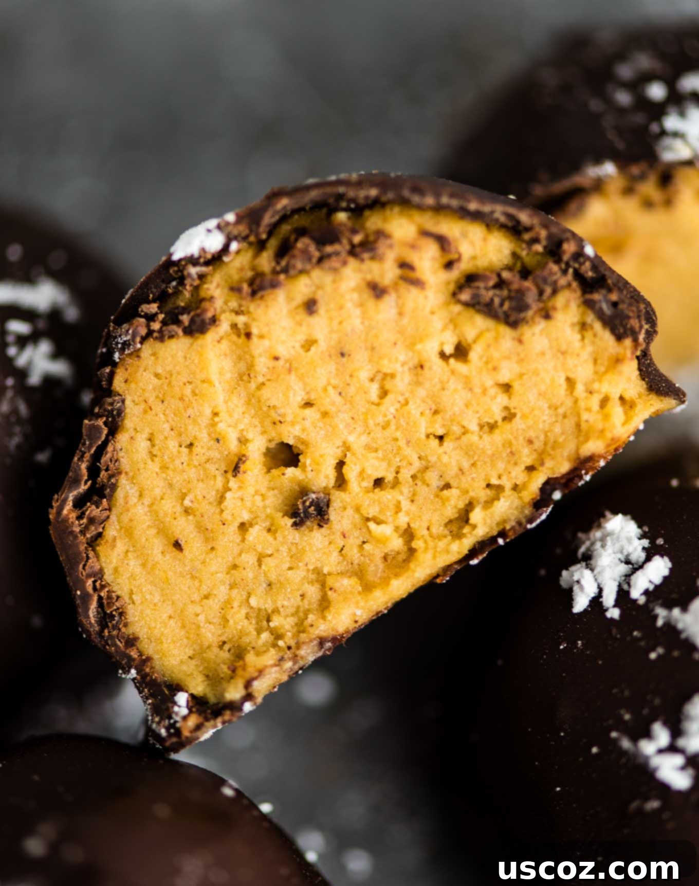 No-Bake Pumpkin Cheesecake Delights 7 pumpkin truffles with dark chocolate cut open