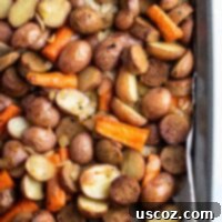 Sheet Pan Vegetarian Kielbasa & Roasted Garden Medley 10 Close-up of a delightful serving of Sheet Pan Vegetarian Kielbasa & Veggies, showcasing its rich colors and textures.