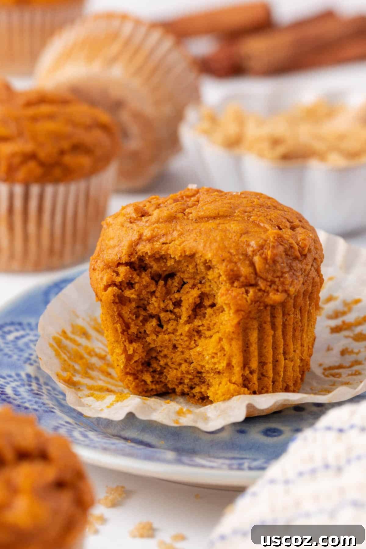 Effortless Cake Mix Pumpkin Muffins 3 a cake mix pumpkin muffin with a bite taken out, showing its moist interior
