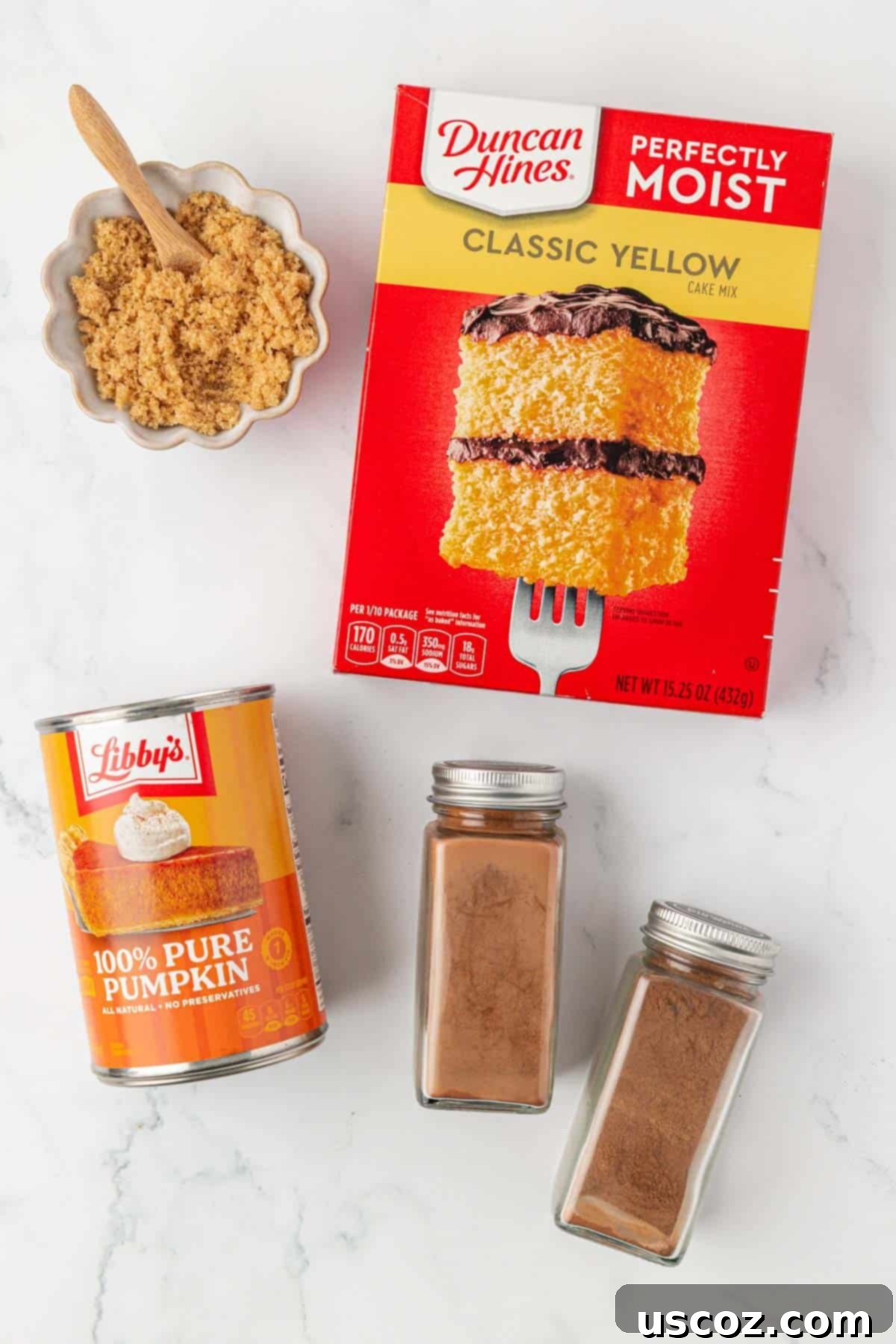 Effortless Cake Mix Pumpkin Muffins 4 all ingredients laid out to make cake mix pumpkin muffins