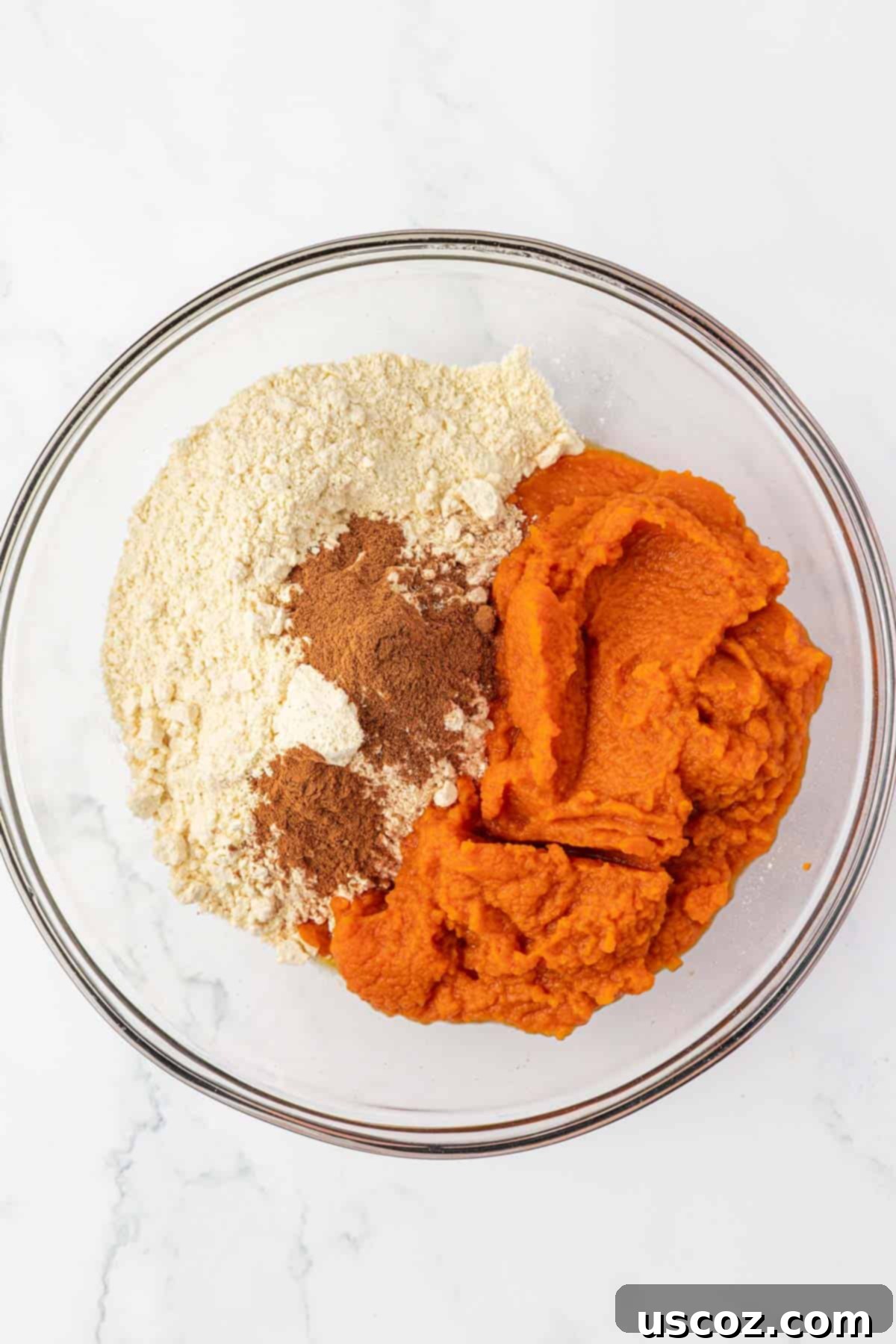 Effortless Cake Mix Pumpkin Muffins 5 ingredients for cake mix pumpkin muffins in a mixing bowl before mixing