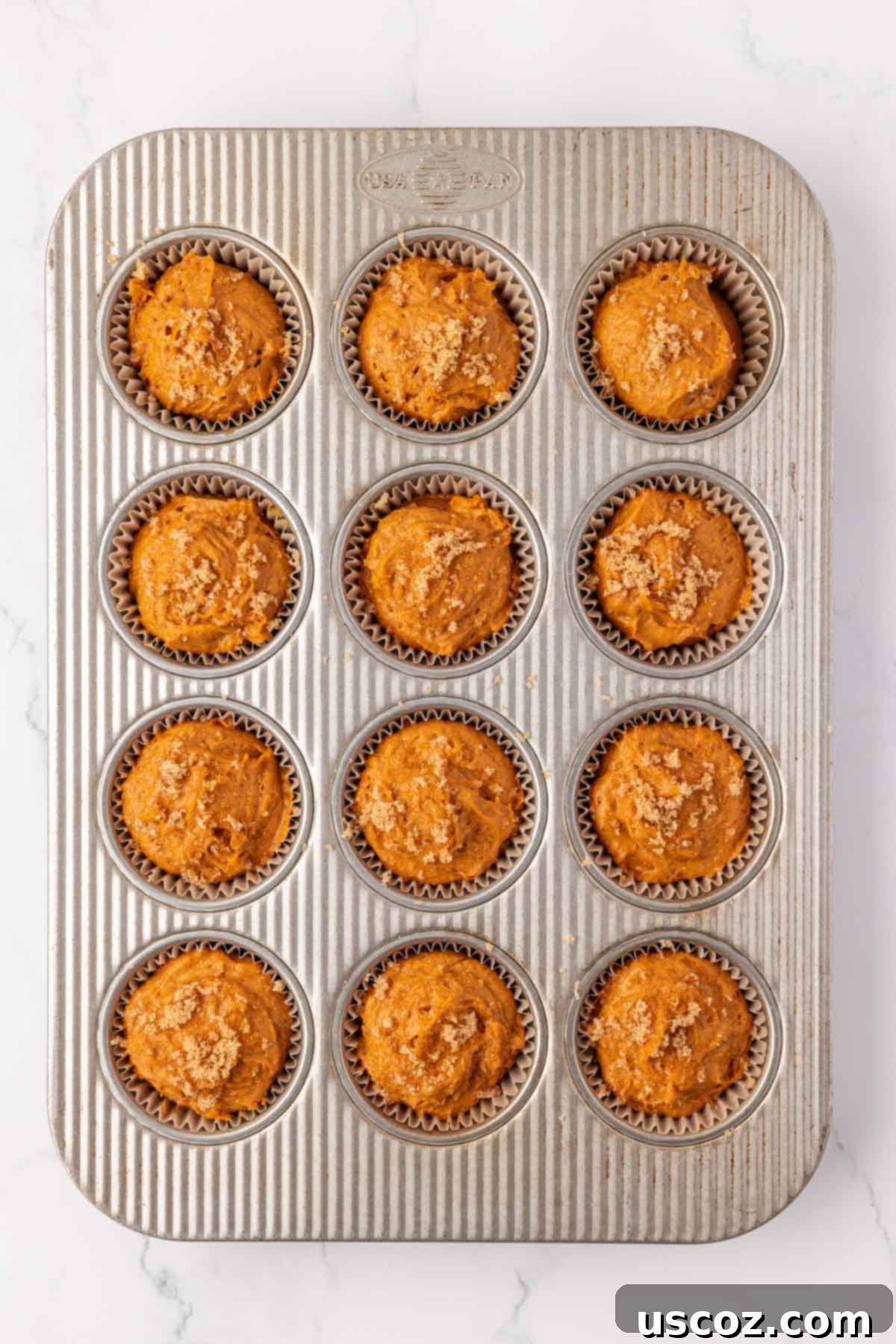 Effortless Cake Mix Pumpkin Muffins 9 cake mix pumpkin muffin batter in a muffin tin with brown sugar topping