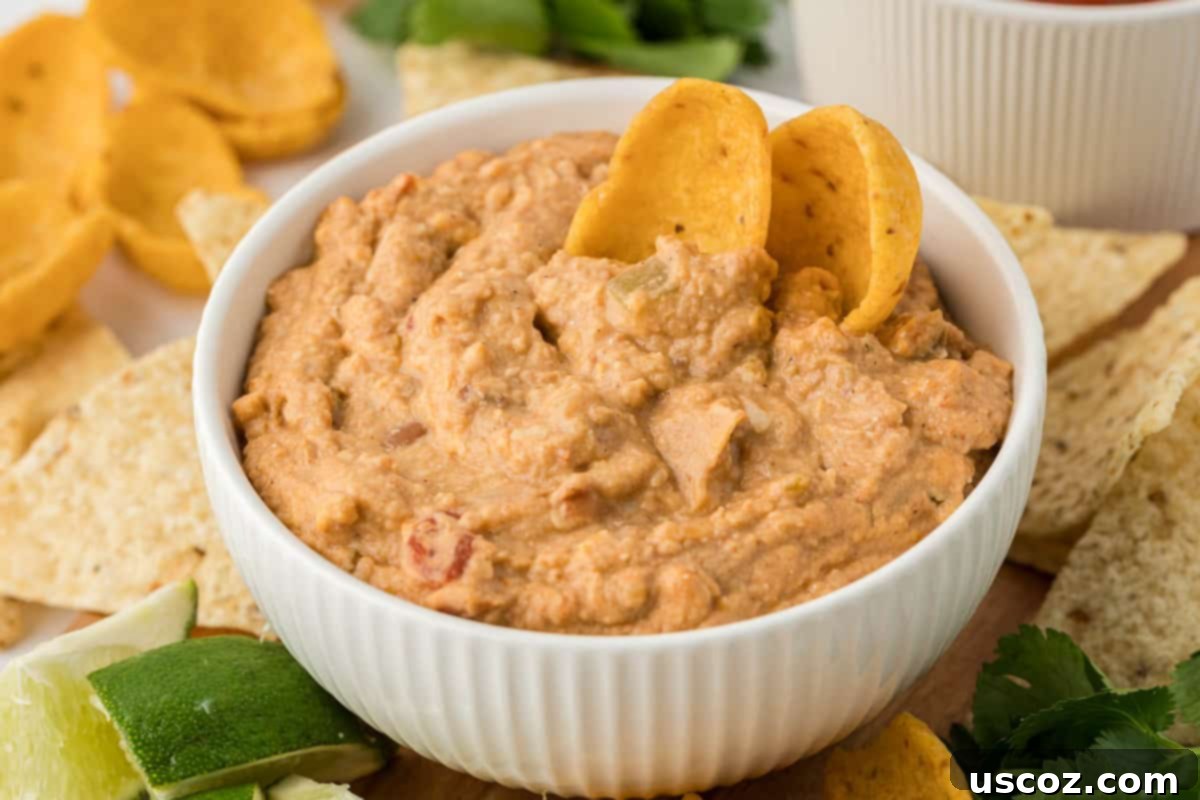 Slow Cooker Fiesta Bean Dip 11 bean dip in a white bowl with tortilla chips