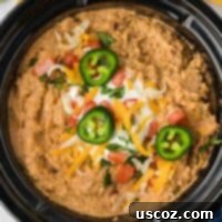 Slow Cooker Fiesta Bean Dip 13 bean dip in a crock pot topped with jalapenos, cheese, and tomatoes